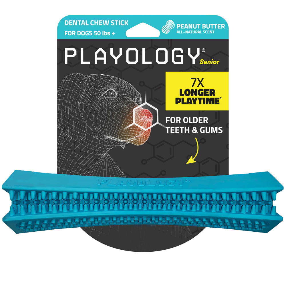 Playology dog toy close-up highlights soft rubber chew for aging teeth and gums