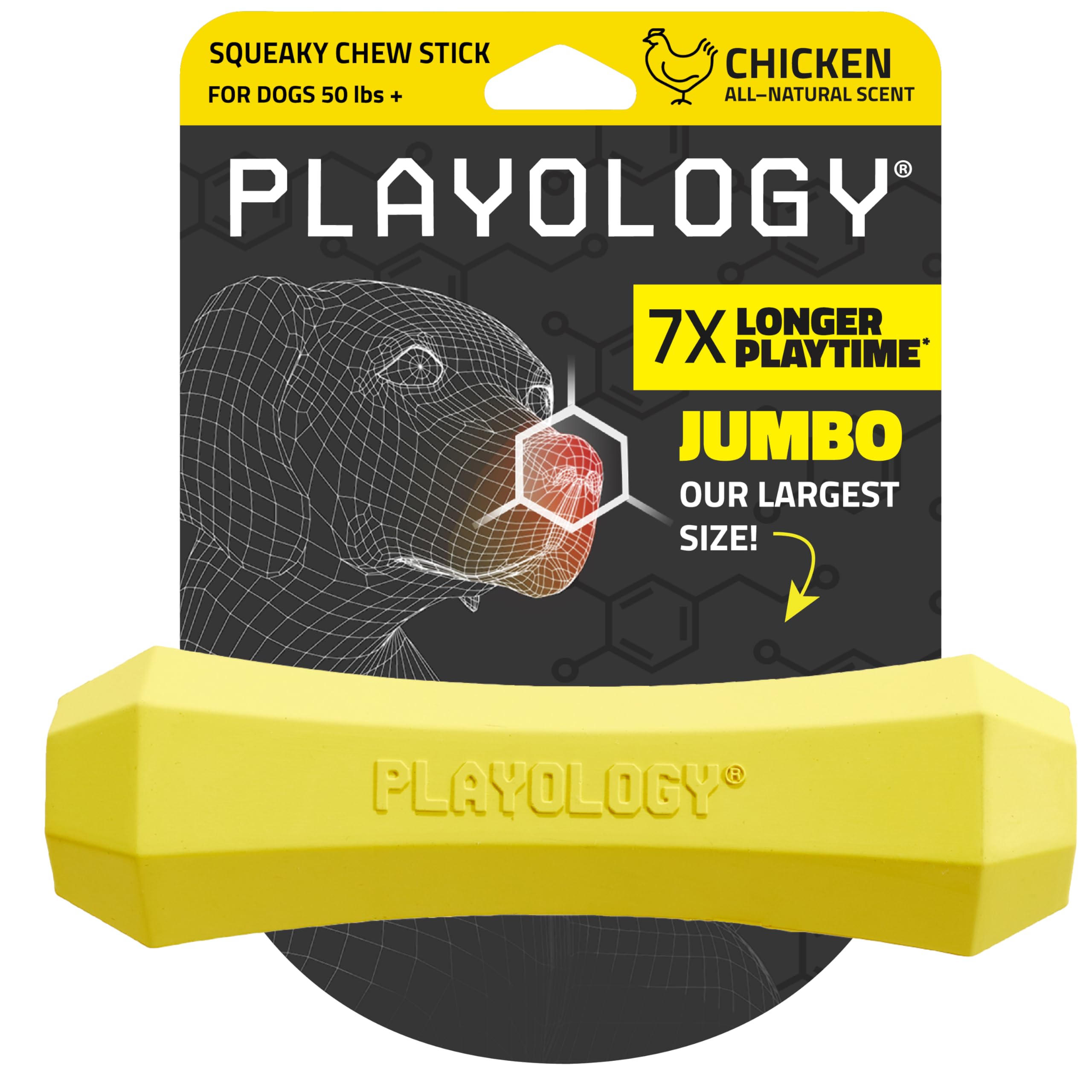 Playology Squeaky Chew Stick close-up showing durable rubber and active play.