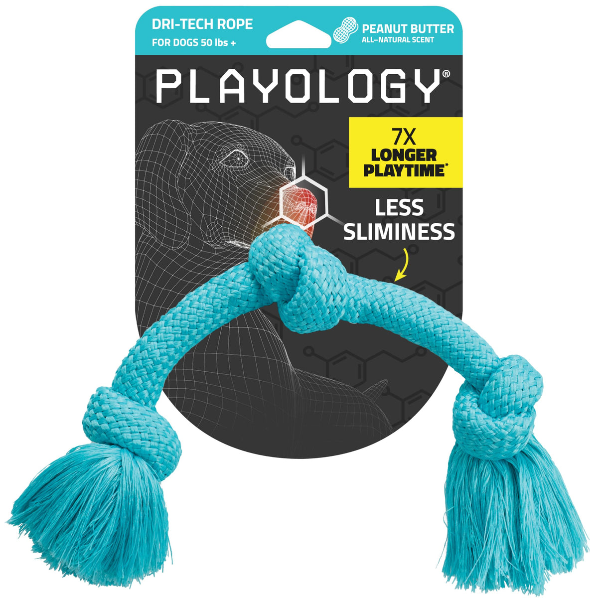 Playology Dri-Tech rope toy closeup showing tug-of-war appeal and scent