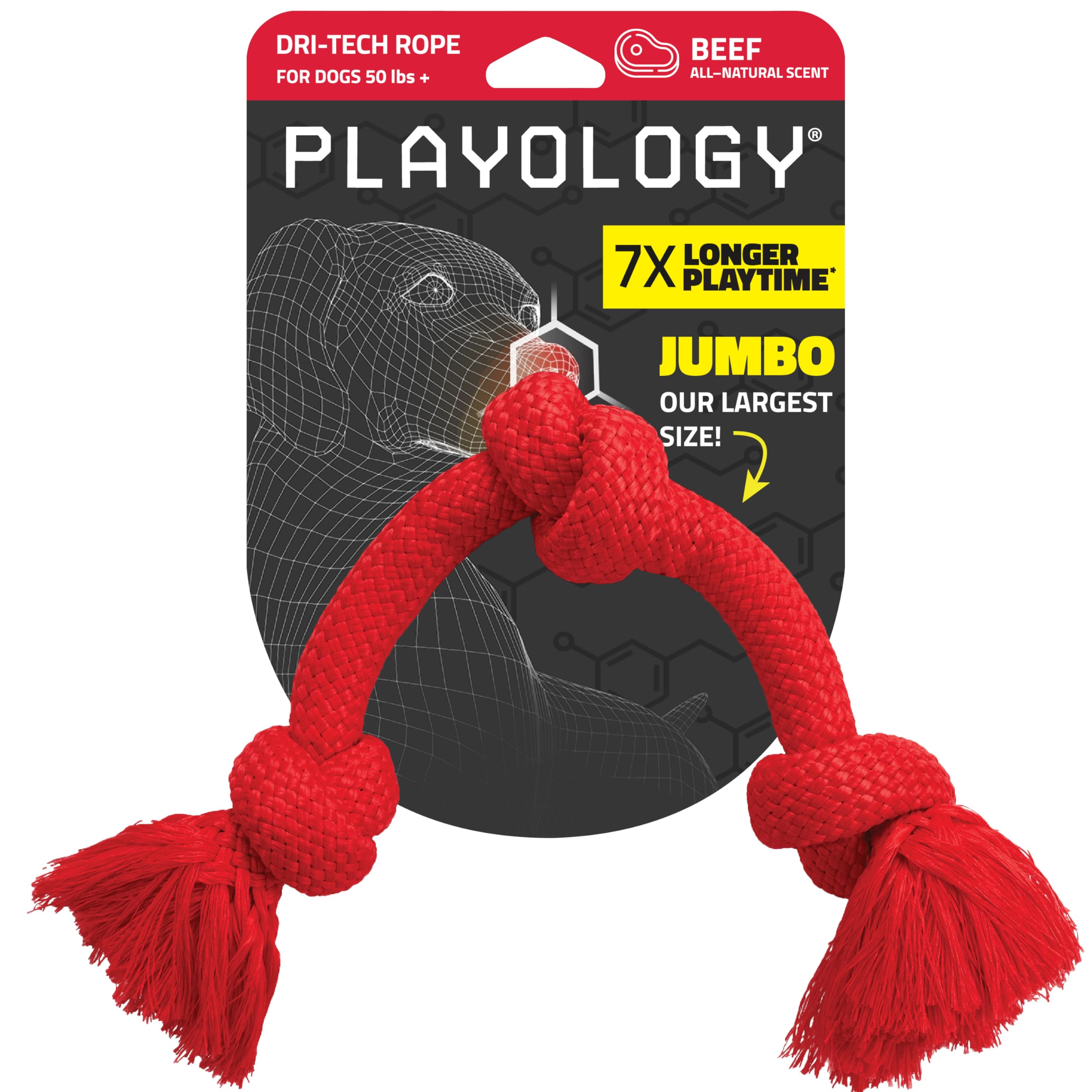 Playology Dri-Tech Rope Tug back view shows durable jumbo design for aggressive chewers.