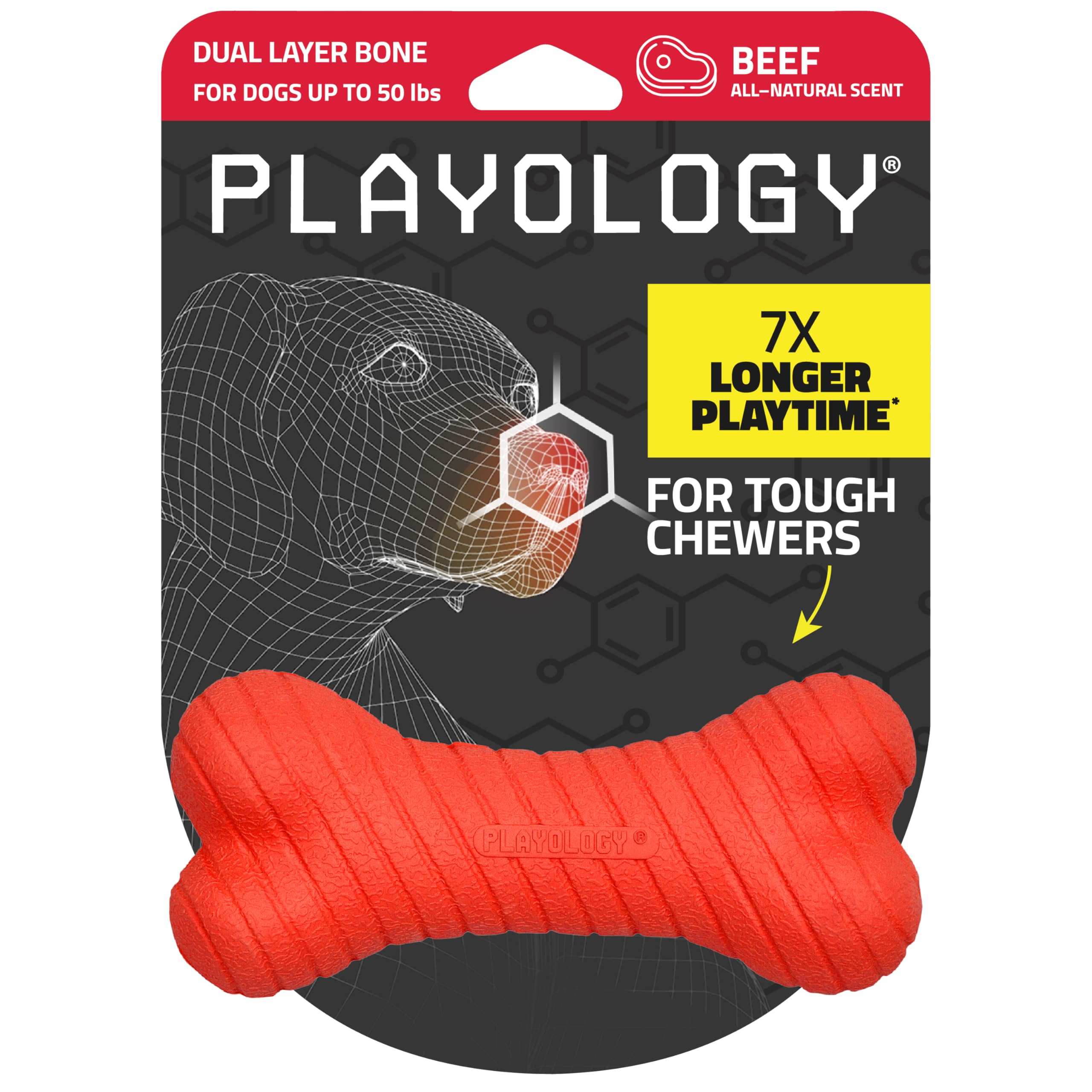 Playology Dual Layer Bone toy with beef scent for durable chew sessions.