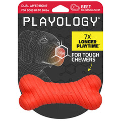 Playology Dual Layer Bone toy with beef scent for durable chew sessions.
