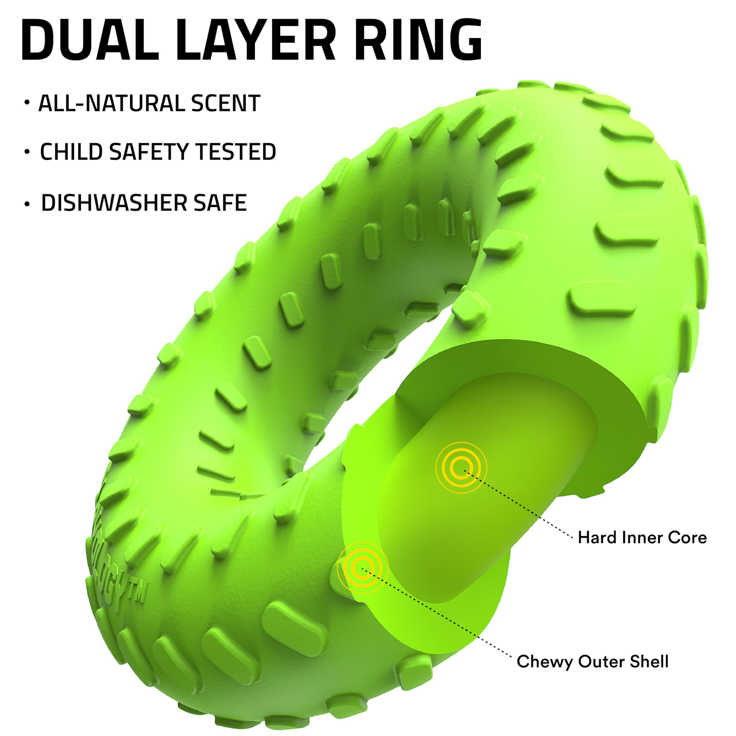 Playology dual-layer ring chew toy close-up texture showing soft outer layer protecting teeth