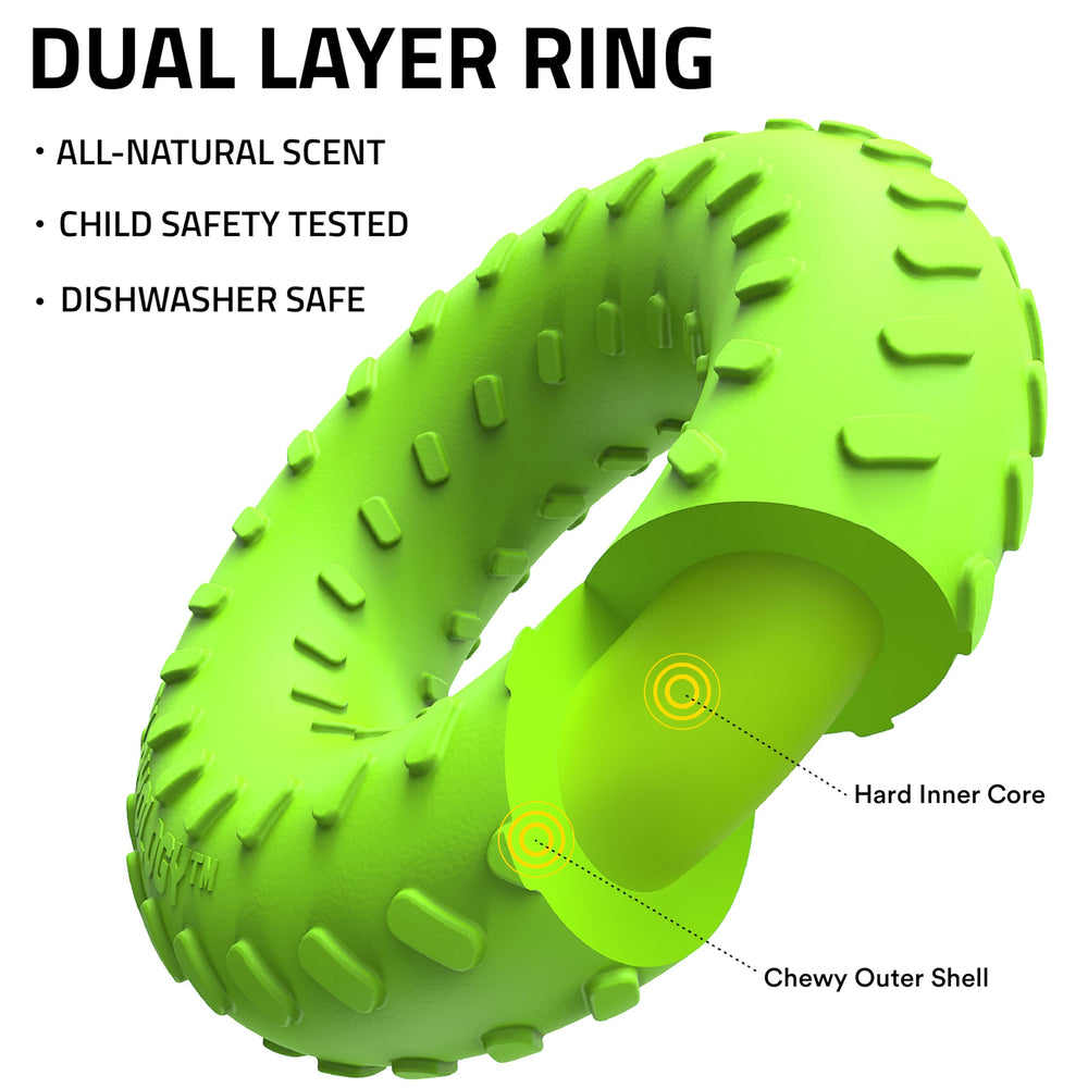 Playology dual-layer ring chew toy close-up texture showing soft outer layer protecting teeth