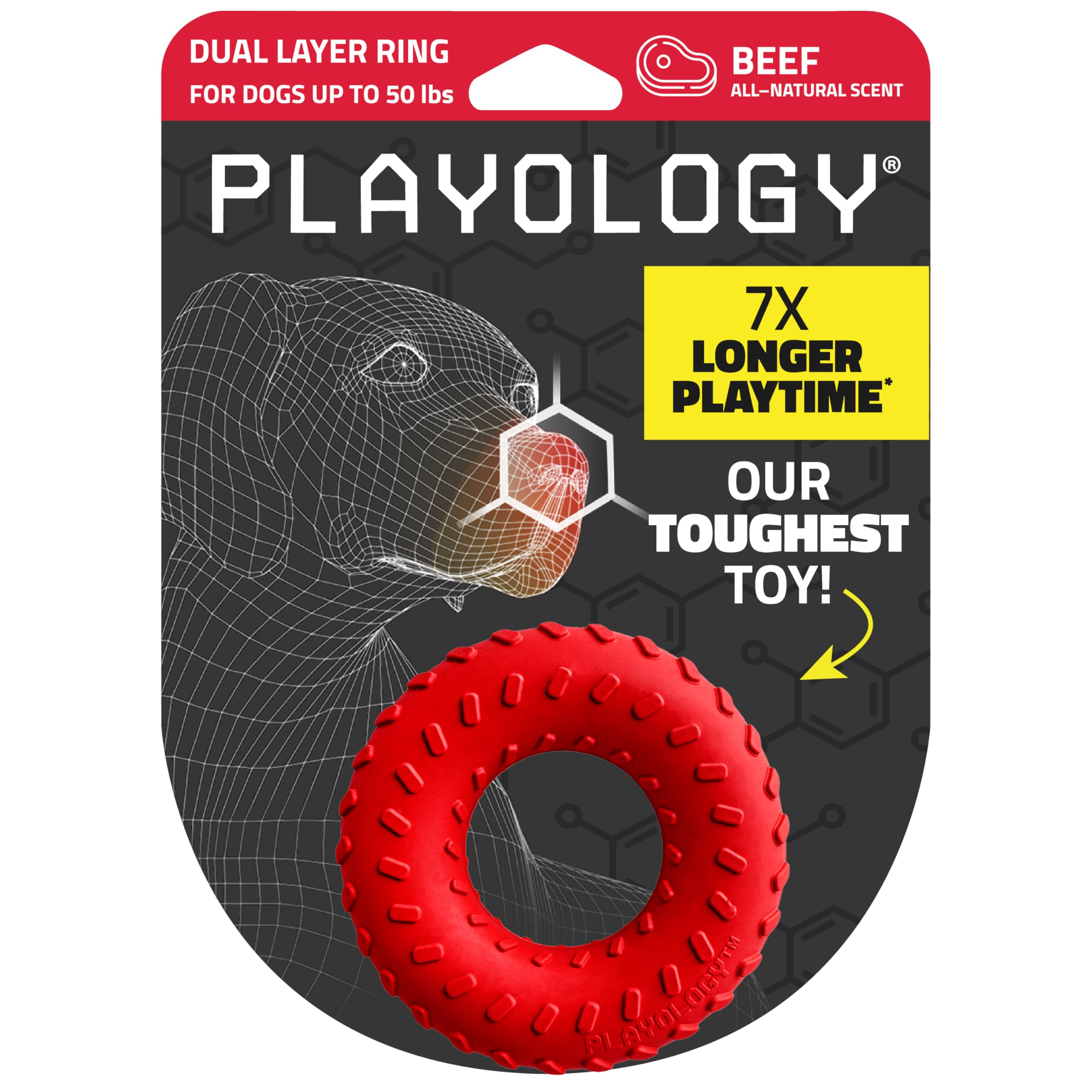 Playology dual layer ring chew toy close-up shows rugged durability for aggressive chewers.