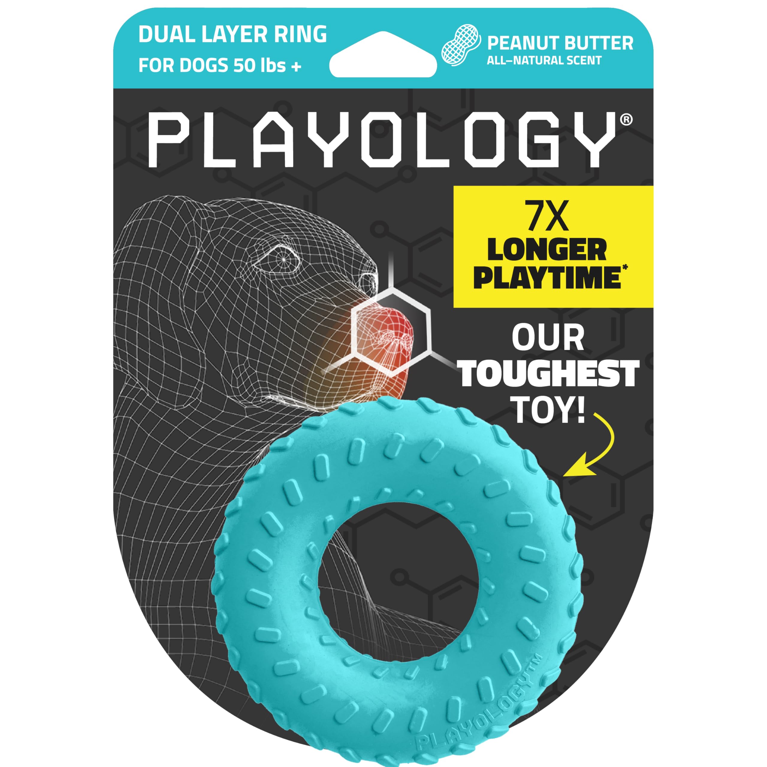 Playology dual layer ring chew toy front view boosts durable large-breed play