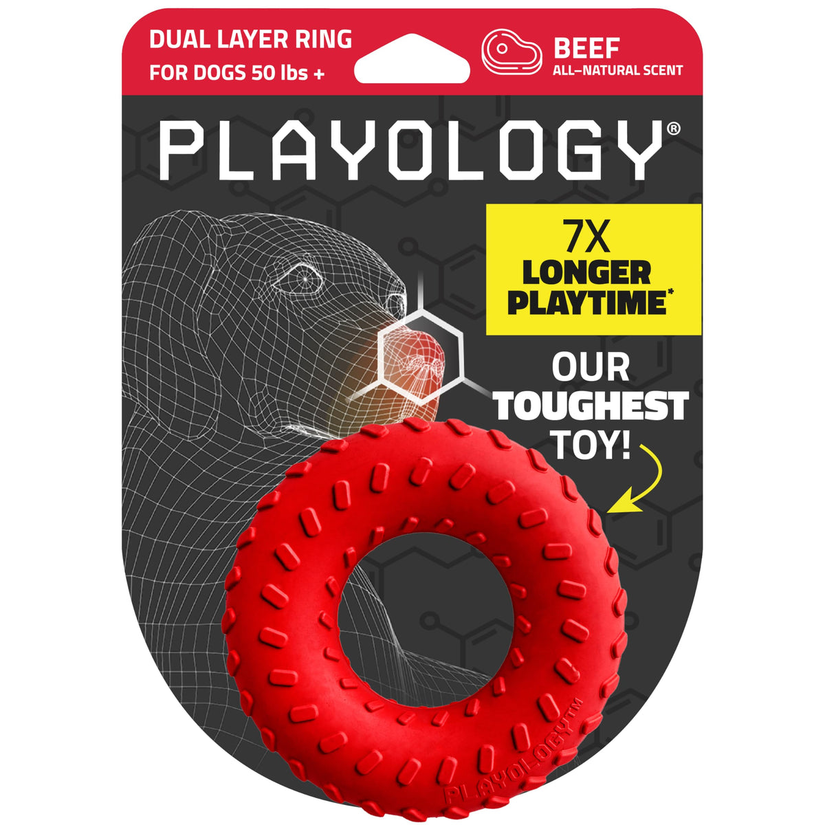 Playology dual layer ring toy showing durable chew design for aggressive chewers