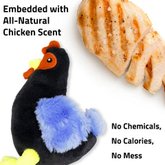 Playology hen toy showcasing all-natural scent embedded for longer chew engagement.
