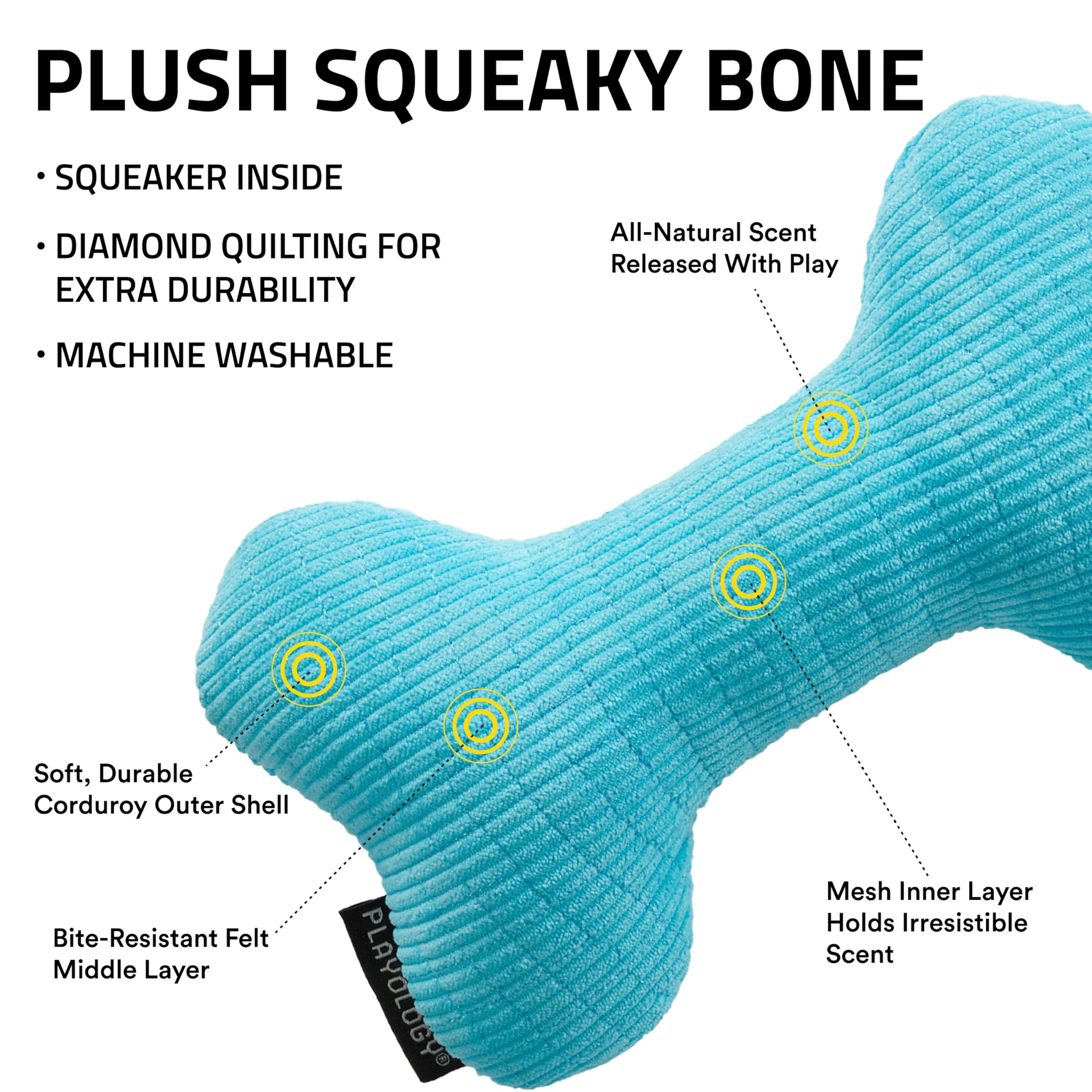 Playology Encapsiscent technology bone toy with embedded peanut butter scent for extended play.