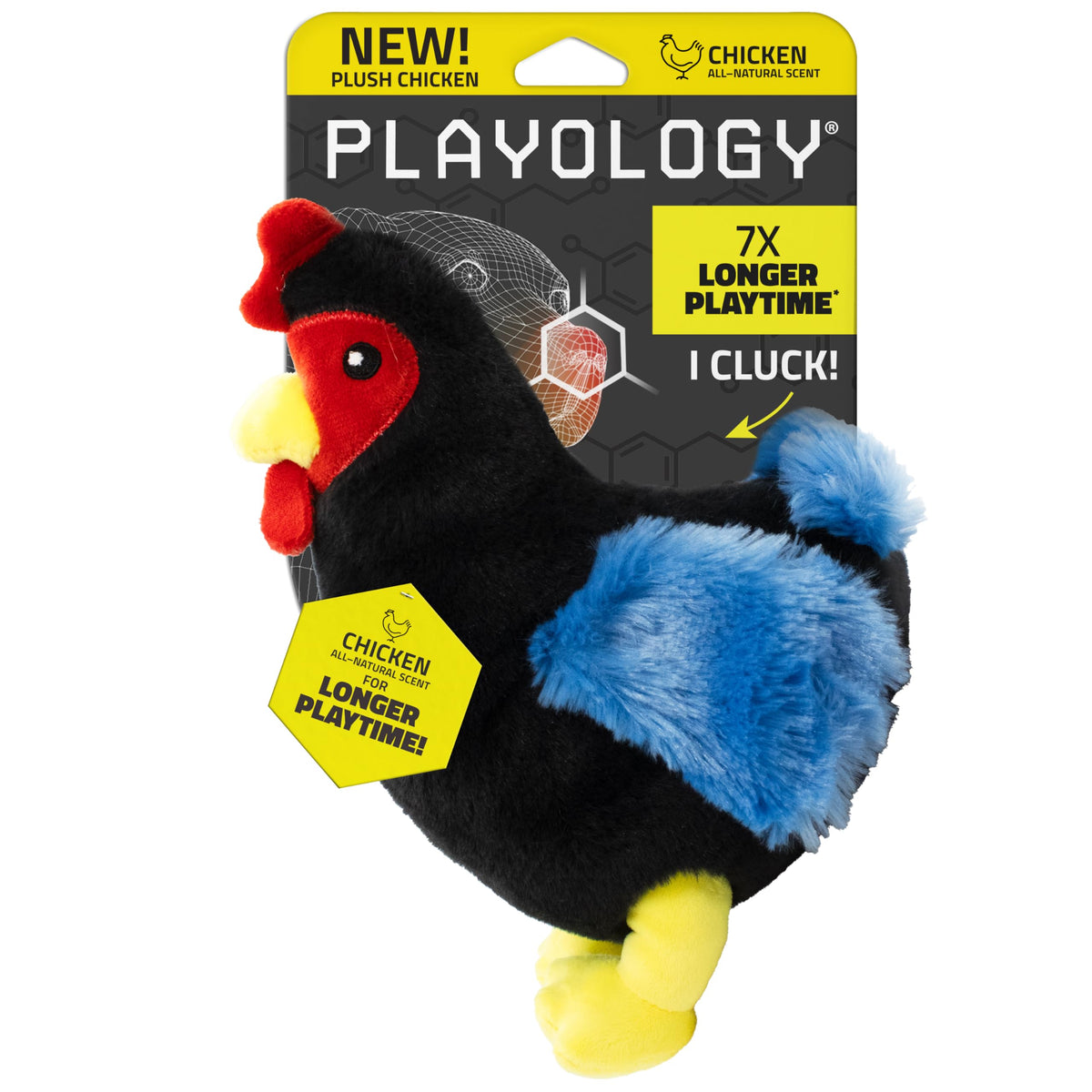 Playology plush hen toy close-up highlighting Encapsiscent scent for engaging sniff-driven play.