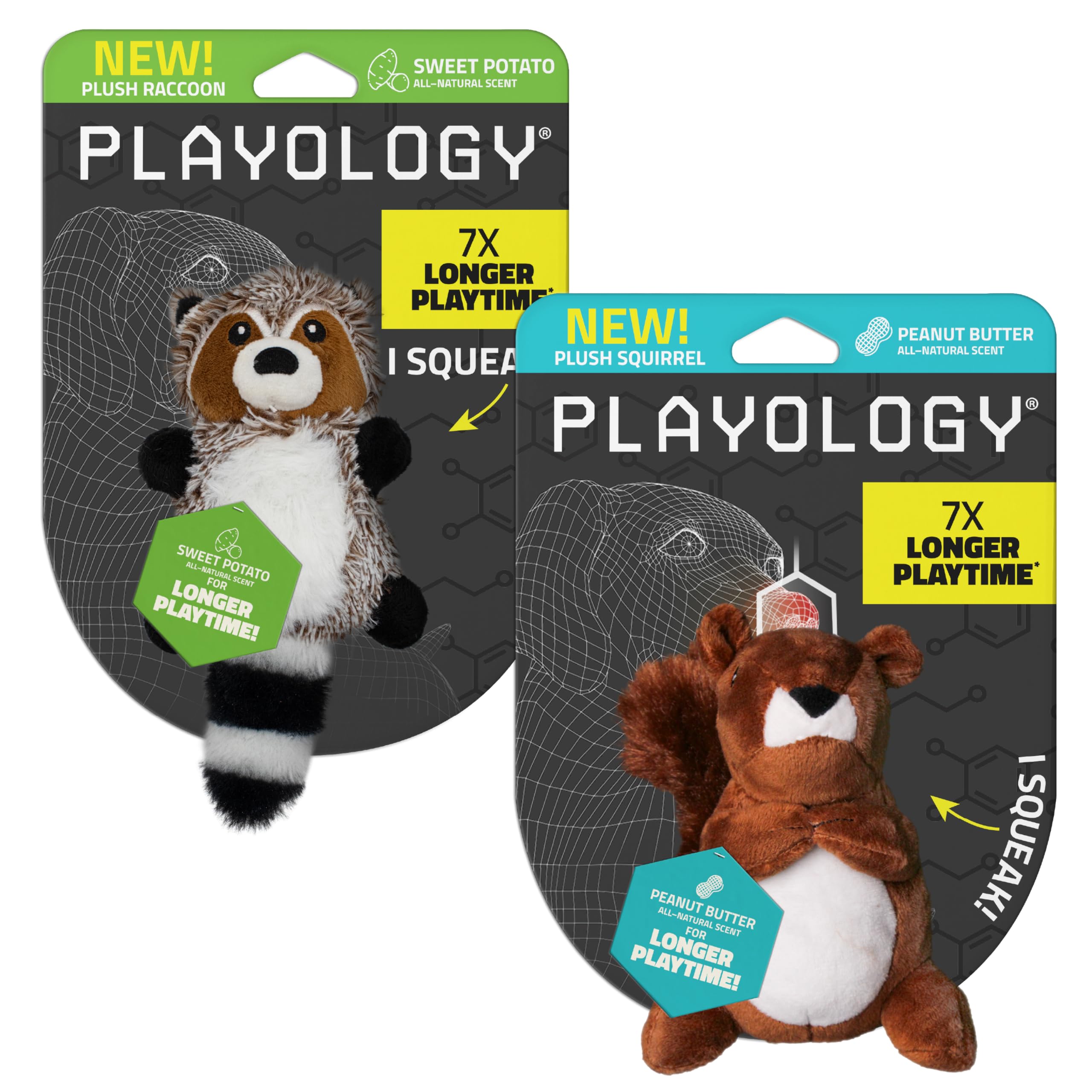 Playology plush raccoon dog-toy engages dogs with squeaks and scent for interactive play