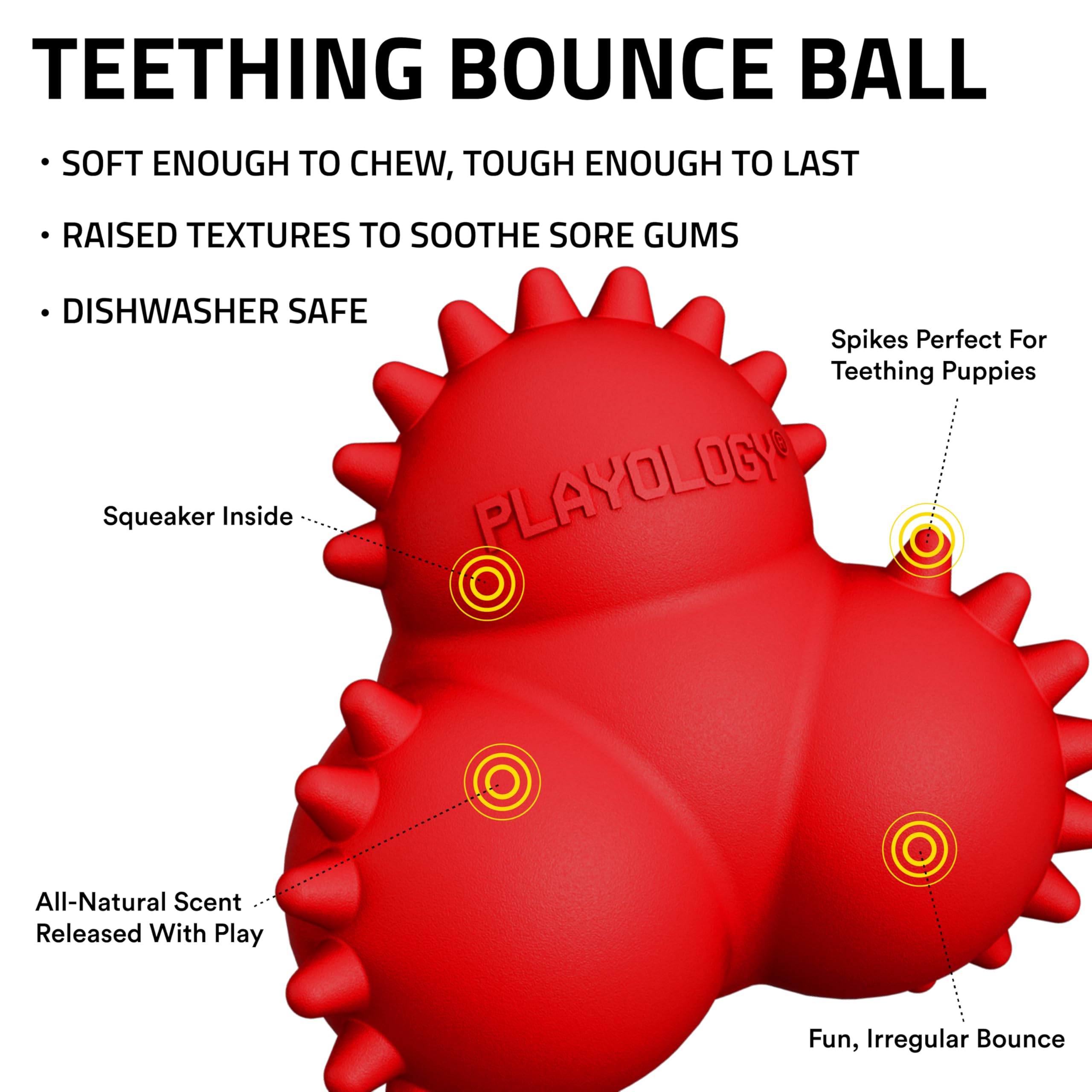Playology Puppy Teething Bounce Ball spikes close-up showing texture for chewing.
