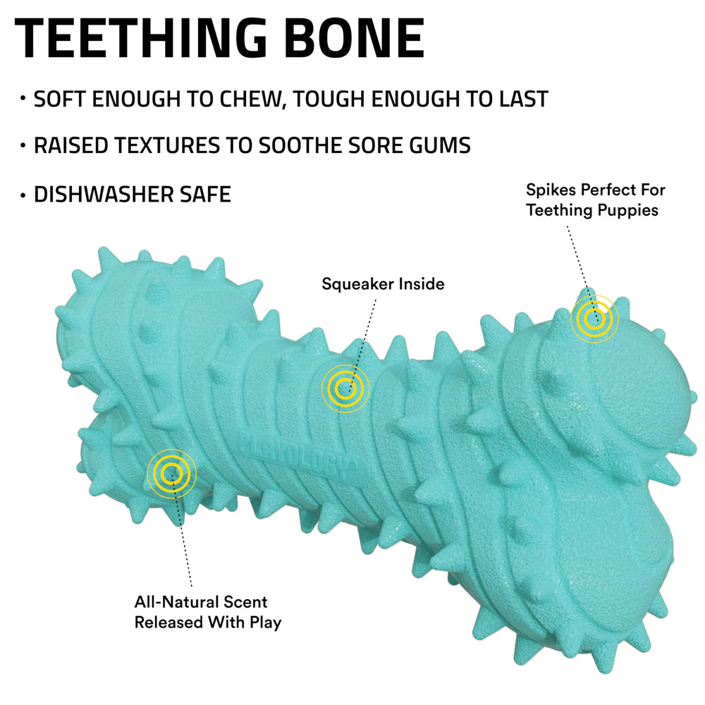 Playology puppy teething bone squeaker enhances play with interactive sound.