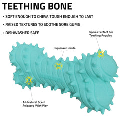 Playology puppy teething bone squeaker enhances play with interactive sound.