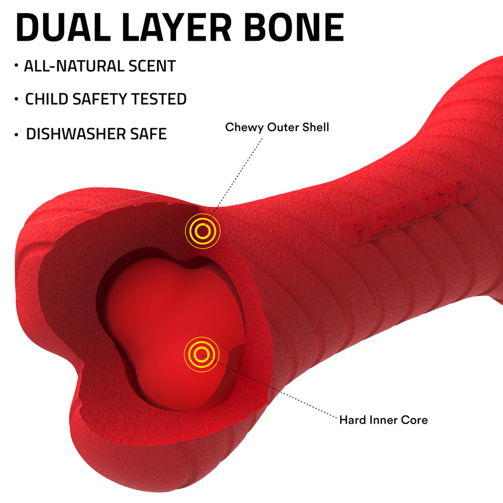 Playology red dual-layer bone toy for medium dogs up to 50 lbs.