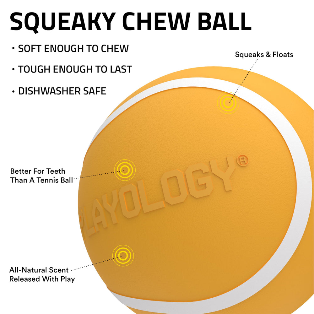 Playology Squeaky Ball floating on water demonstrates fetch-ready design for pools and beaches.