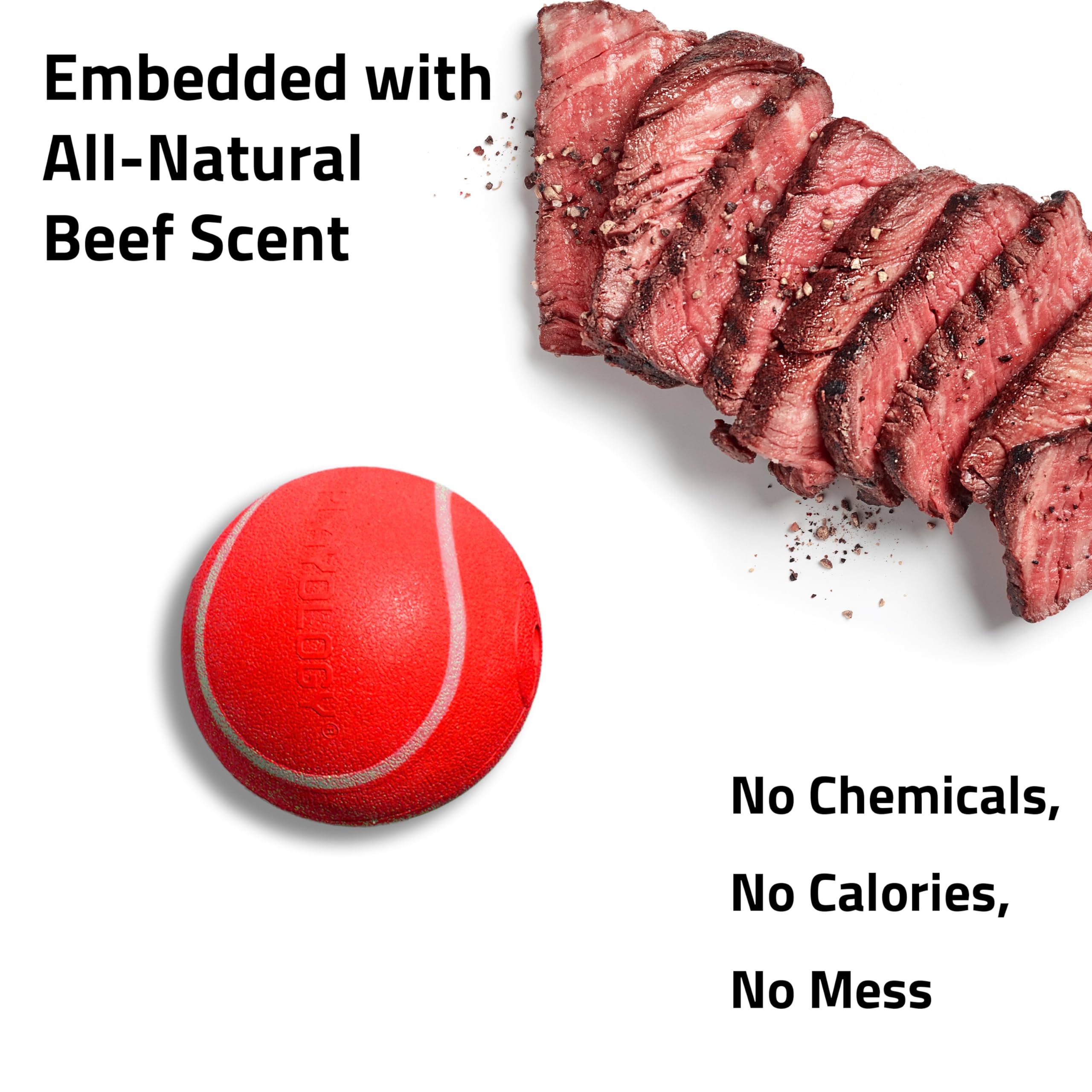 Playology Squeaky Chew Ball features beef scent for sniff-and-play sessions.