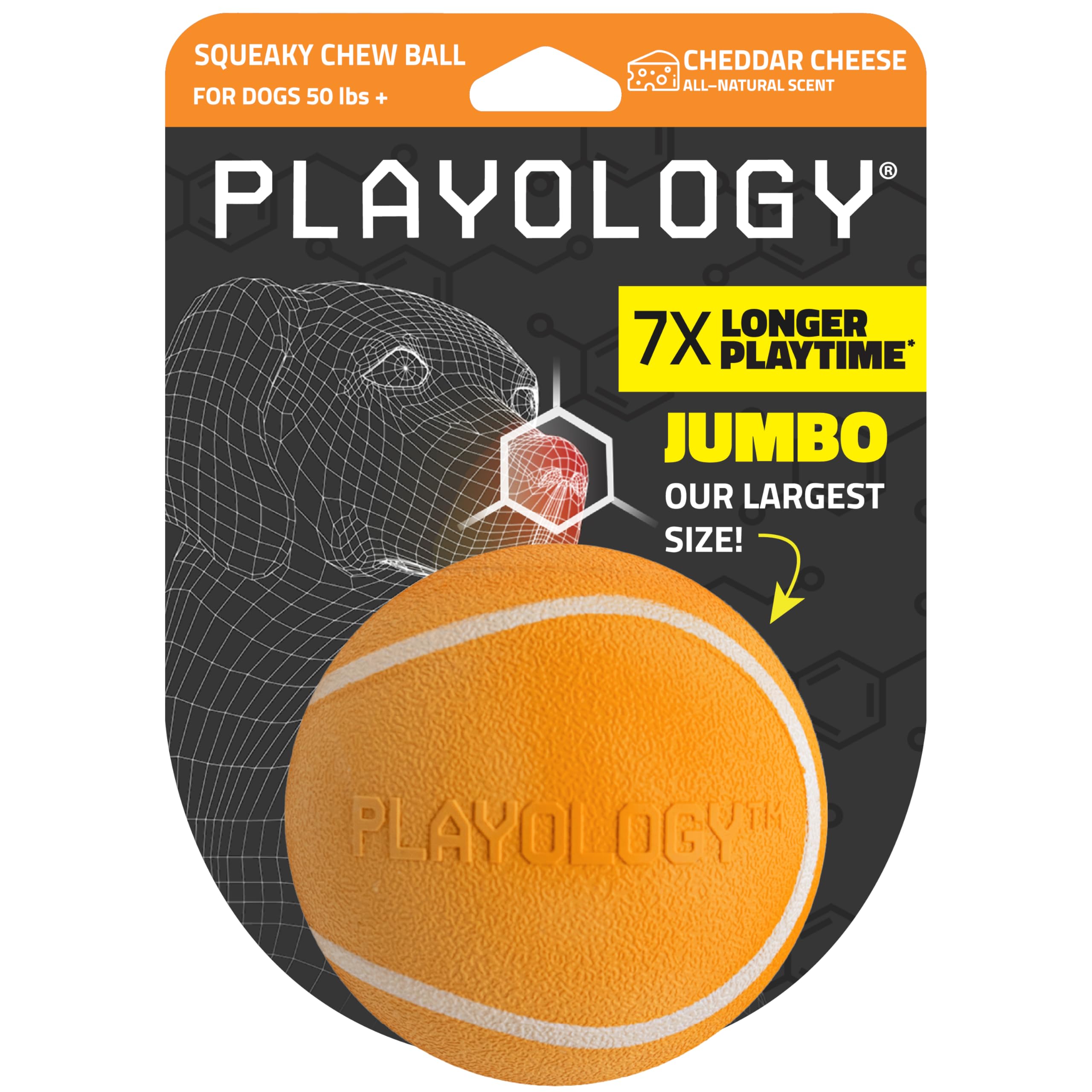 Playology Squeaky Chew Ball close-up shows durable rubber and engaging squeak for interactive play.