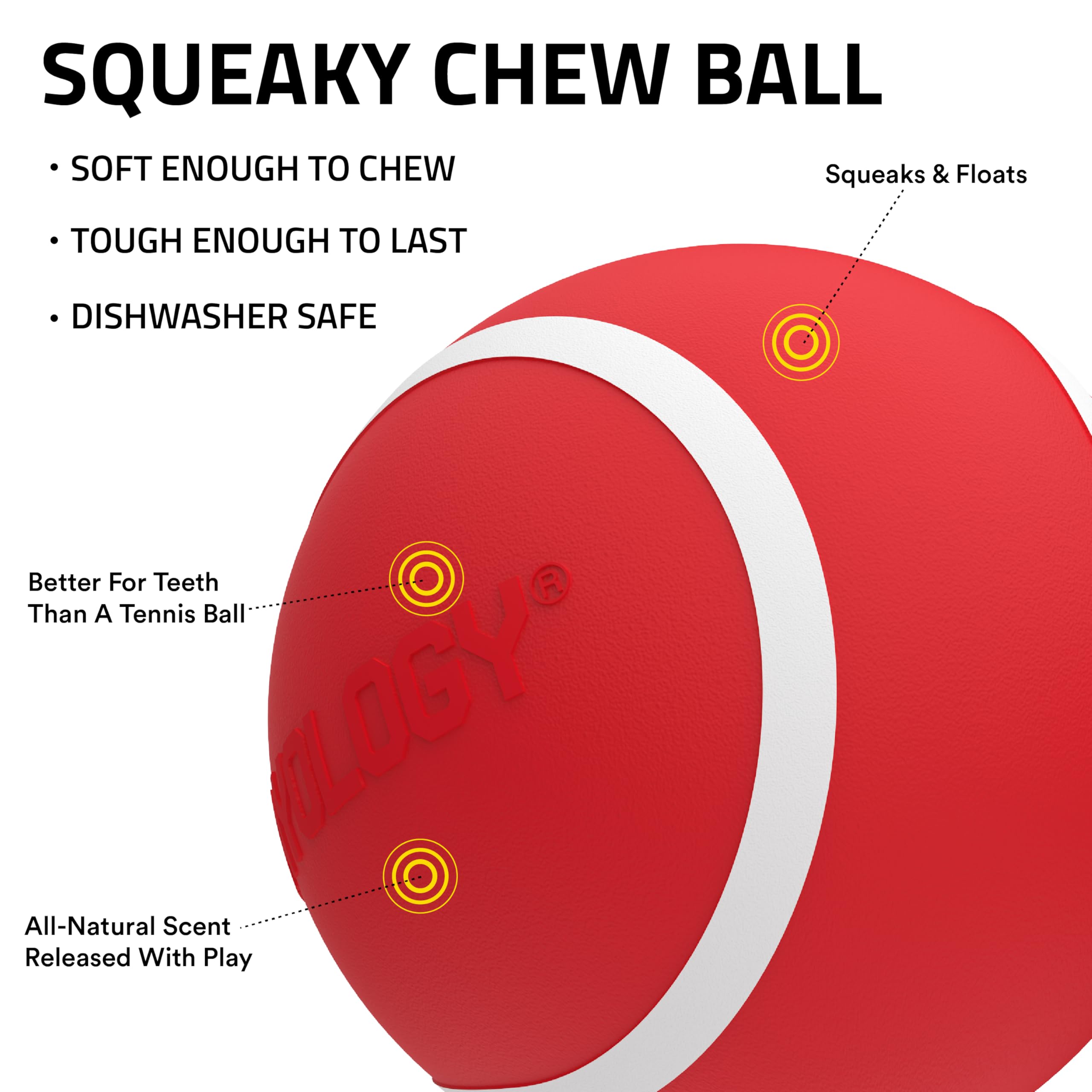 Playology Squeaky Chew Ball floats for water fetch and pool play.