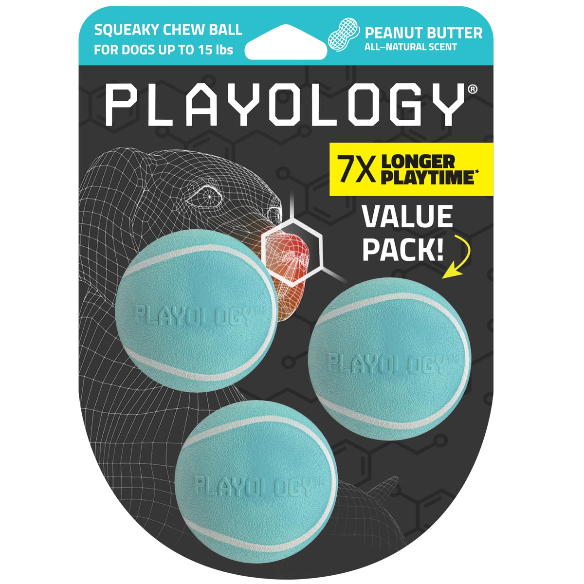 Playology Squeaky Chew Ball small dog toy with lasting peanut butter scent for indoor fetch.