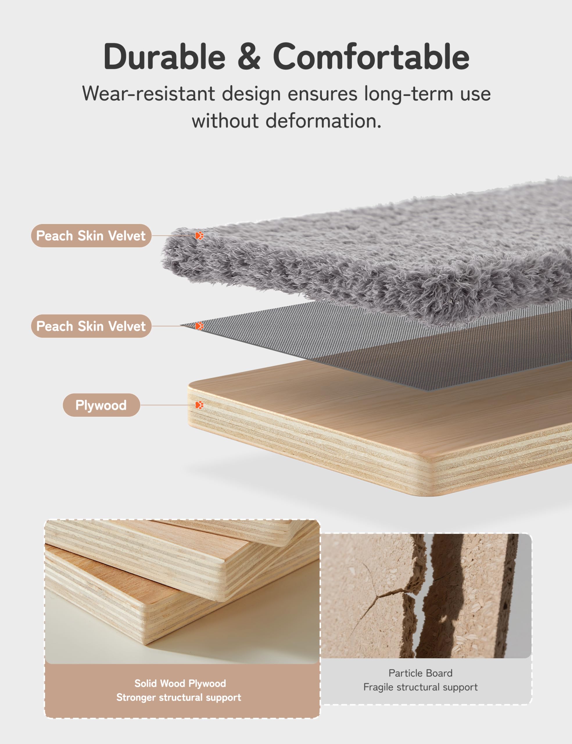 PLEKER solid wood cat wall shelves with velvet cover close-up shows durable finish.