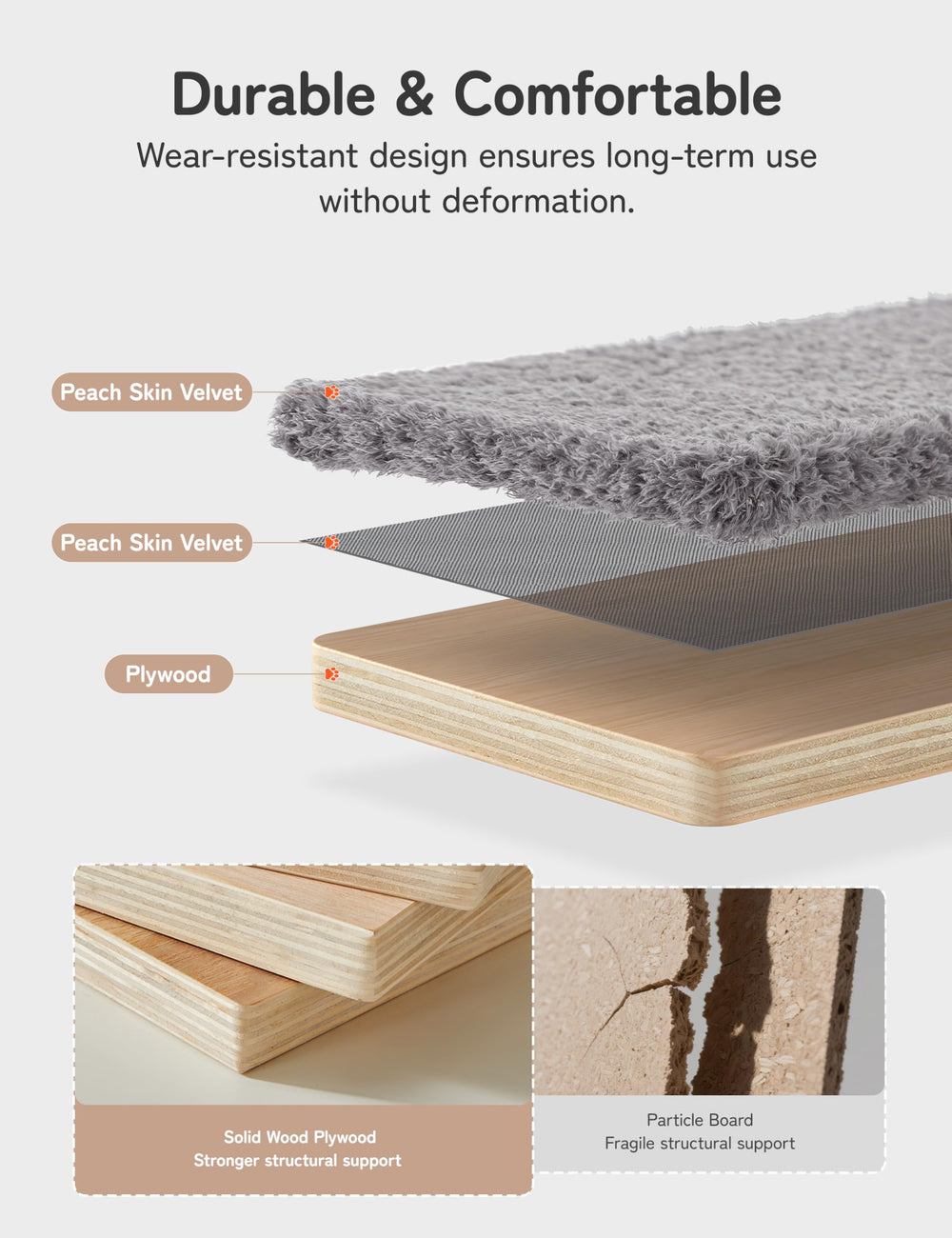 PLEKER solid wood cat wall shelves with velvet cover close-up shows durable finish.