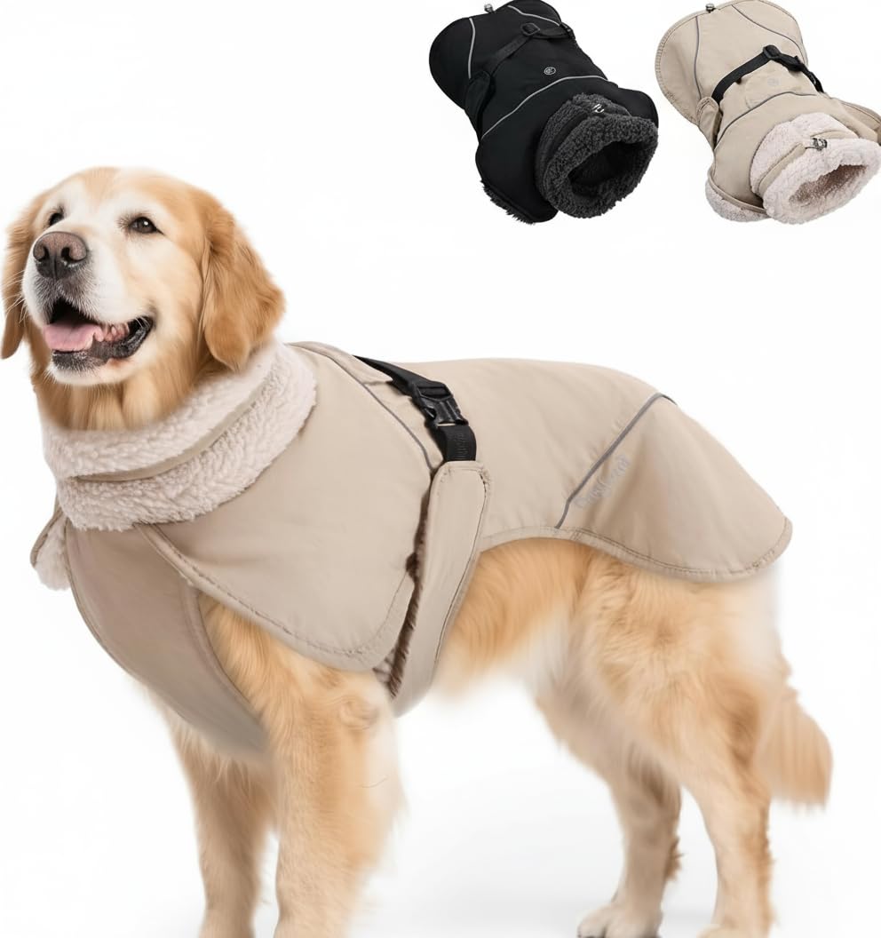 PlentiVive dog coat front view with harness slot enabling secure leash connections