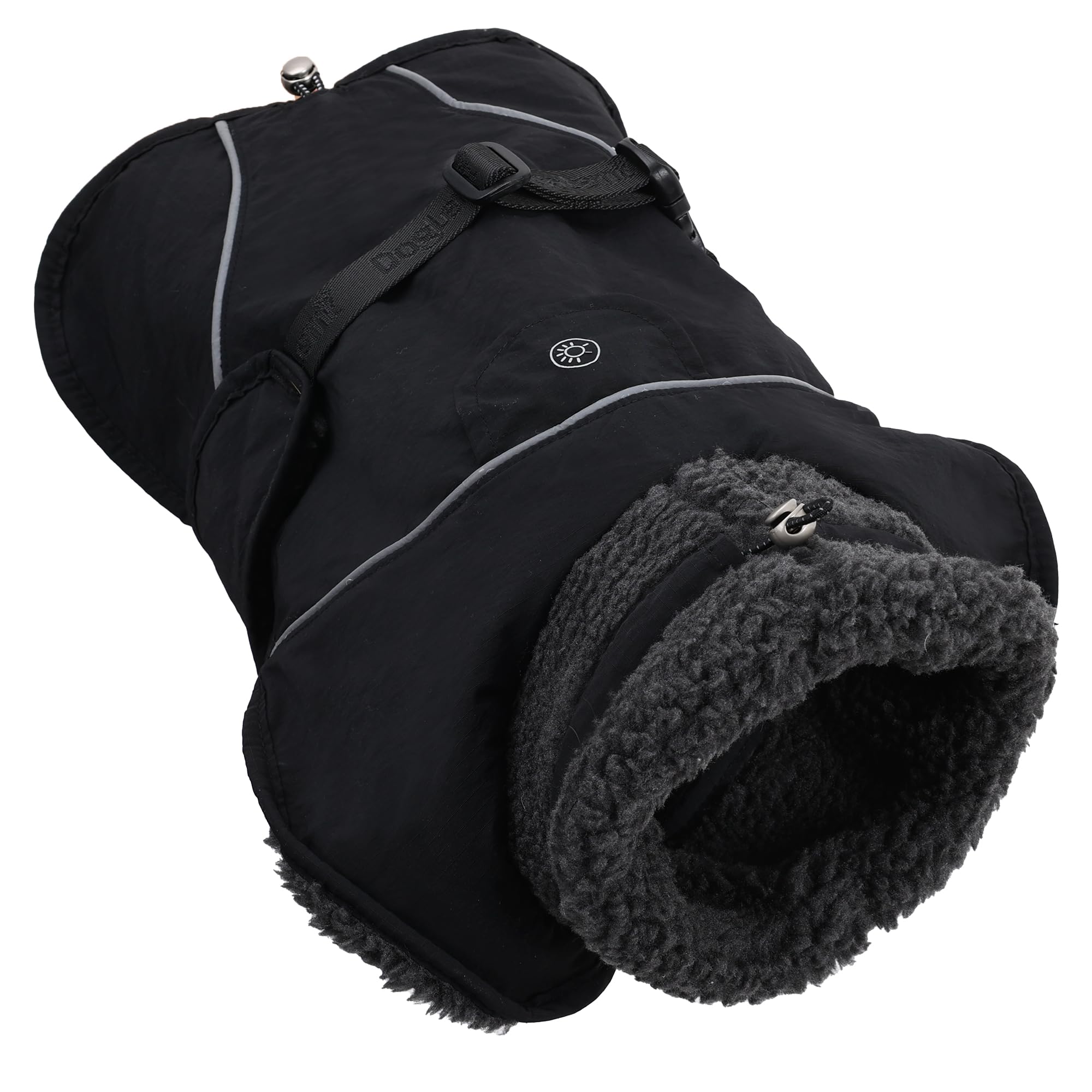 PlentiVive hooded plush-collar coat showing wind protection and warmth.