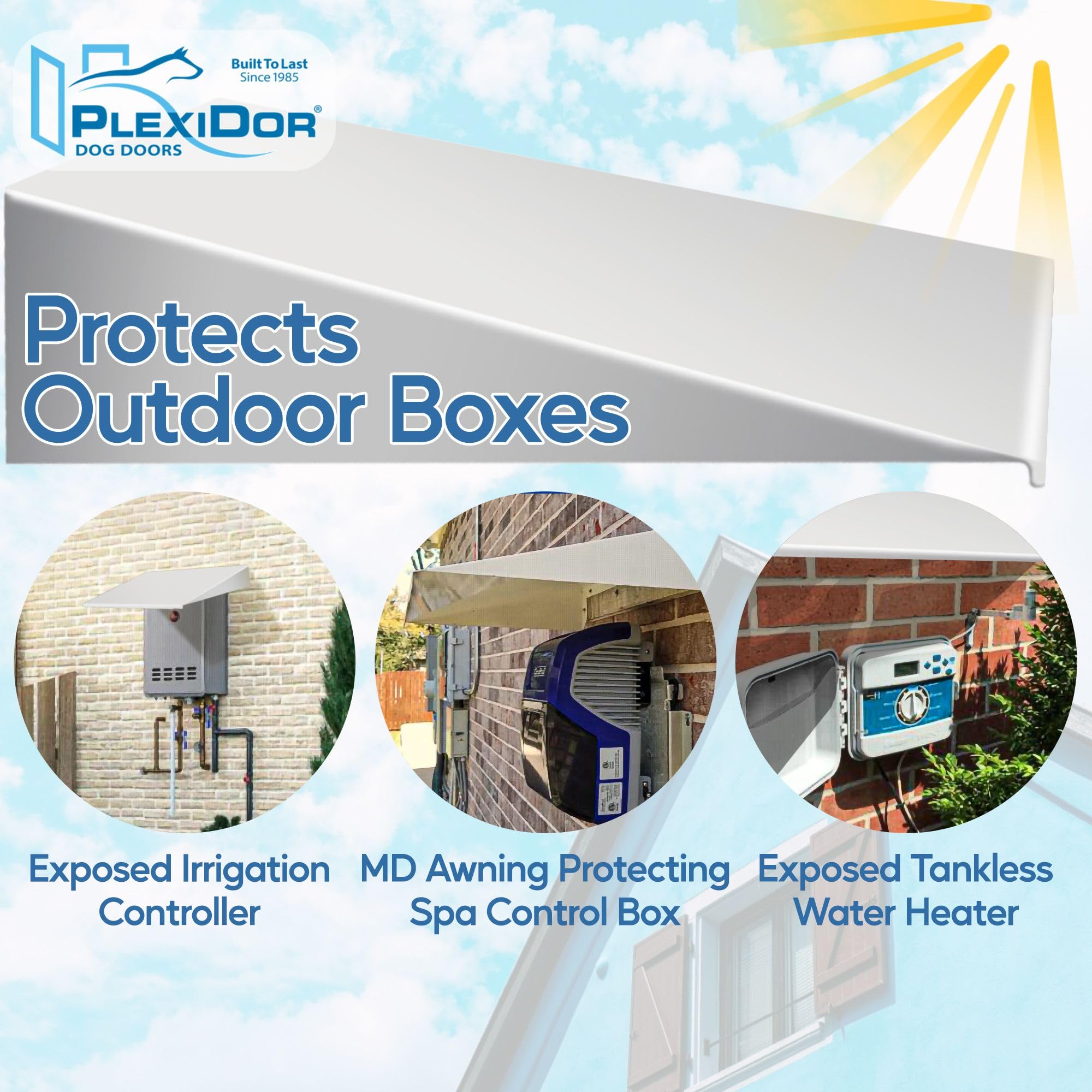Plexidor awning over spa area guards equipment like heaters and pumps from weather exposure.