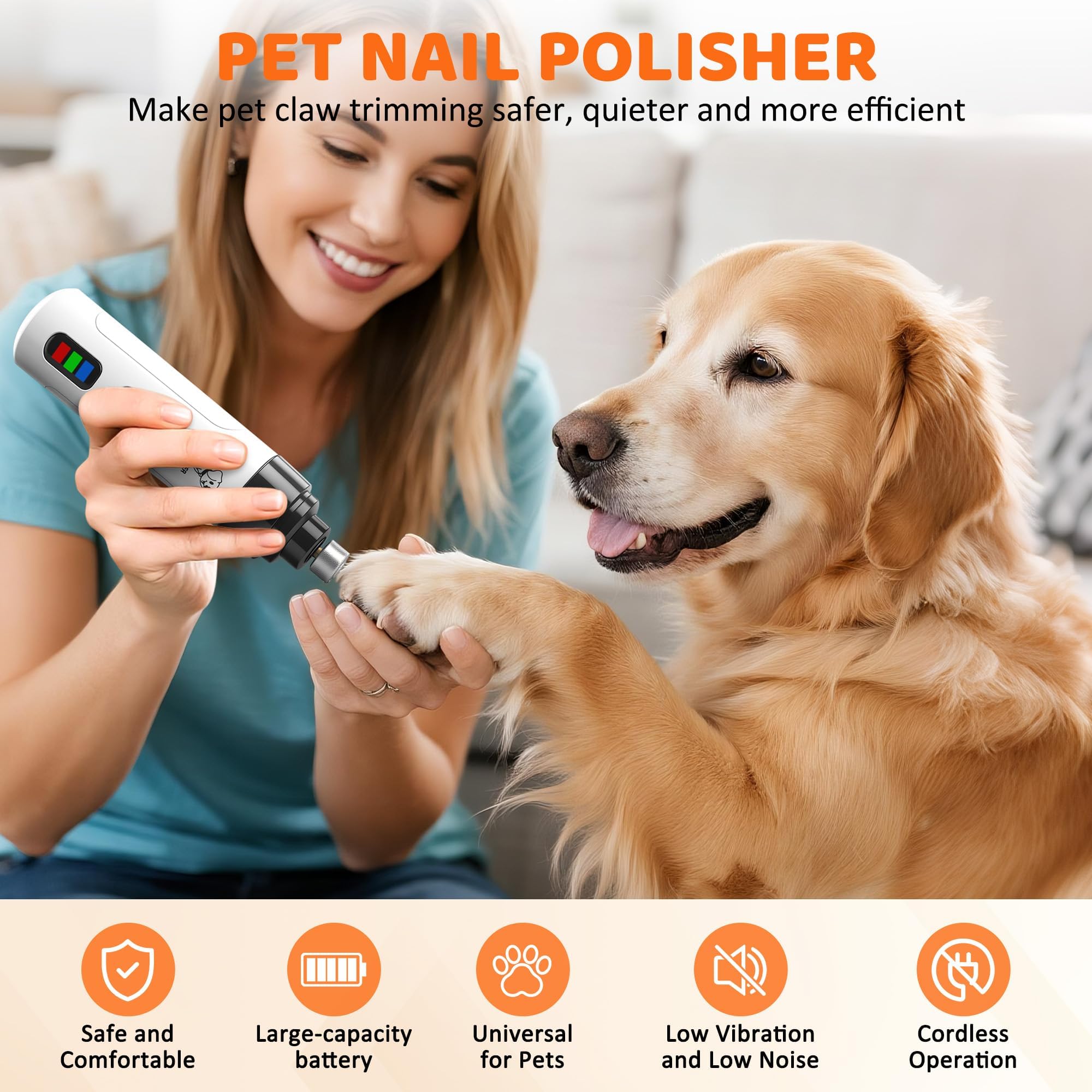 PleySyncz Ultra-quiet 45dB motor reduces pet stress during nail grooming sessions.