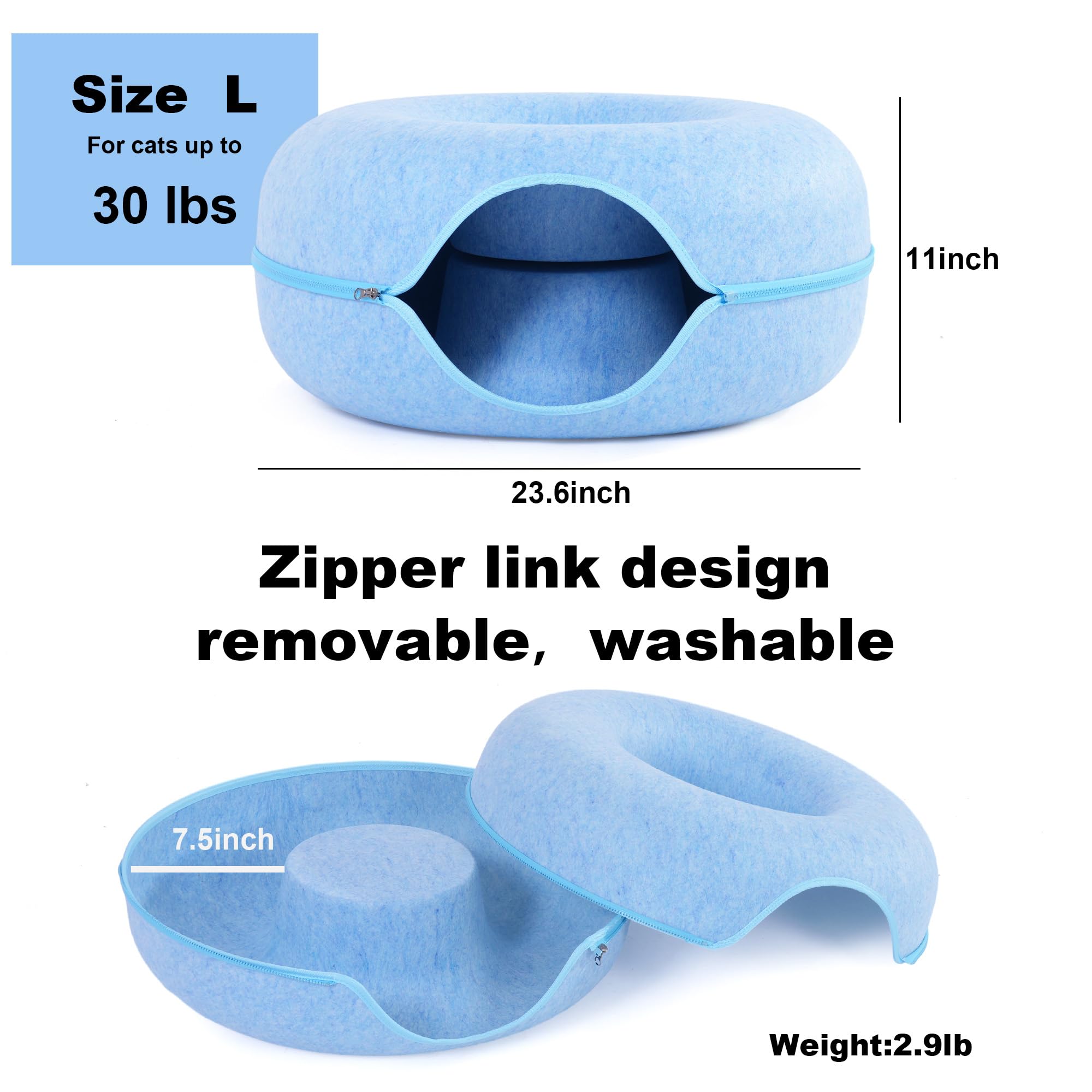 PLIISLUP cat tunnel bed blue close-up of sturdy zipper for durability.