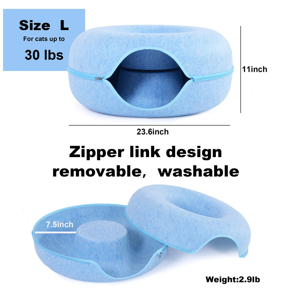PLIISLUP cat tunnel bed blue close-up of sturdy zipper for durability.