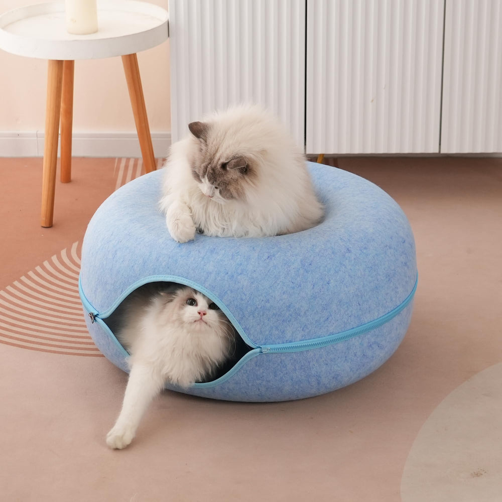 PLIISLUP cat tunnel bed blue size dimensions 23.6 by 23.6 inches.