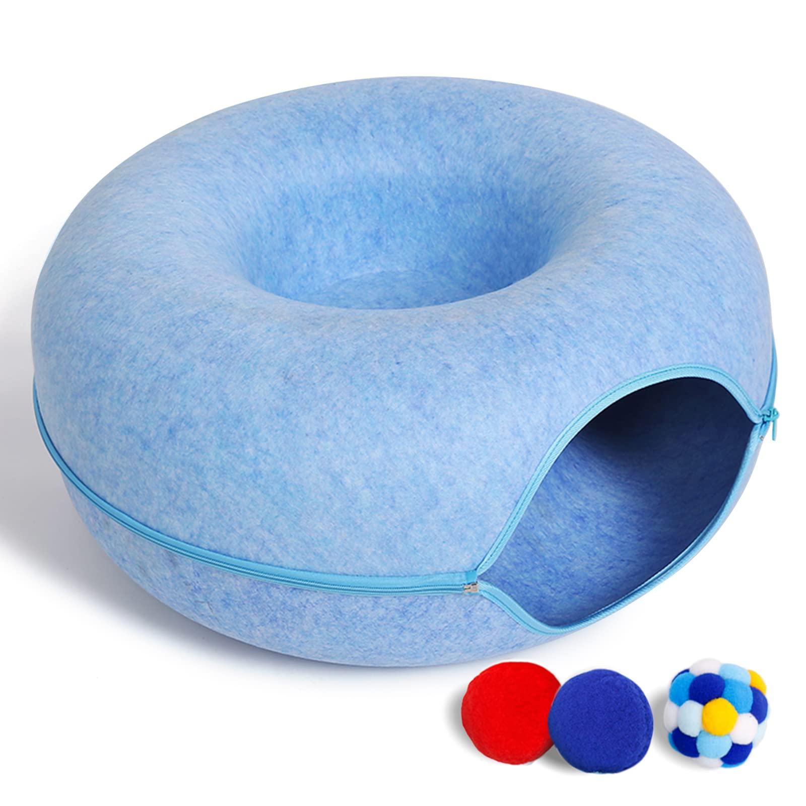 PLIISLUP large cat tunnel bed blue top view for cozy hide-and-seek and lounging.