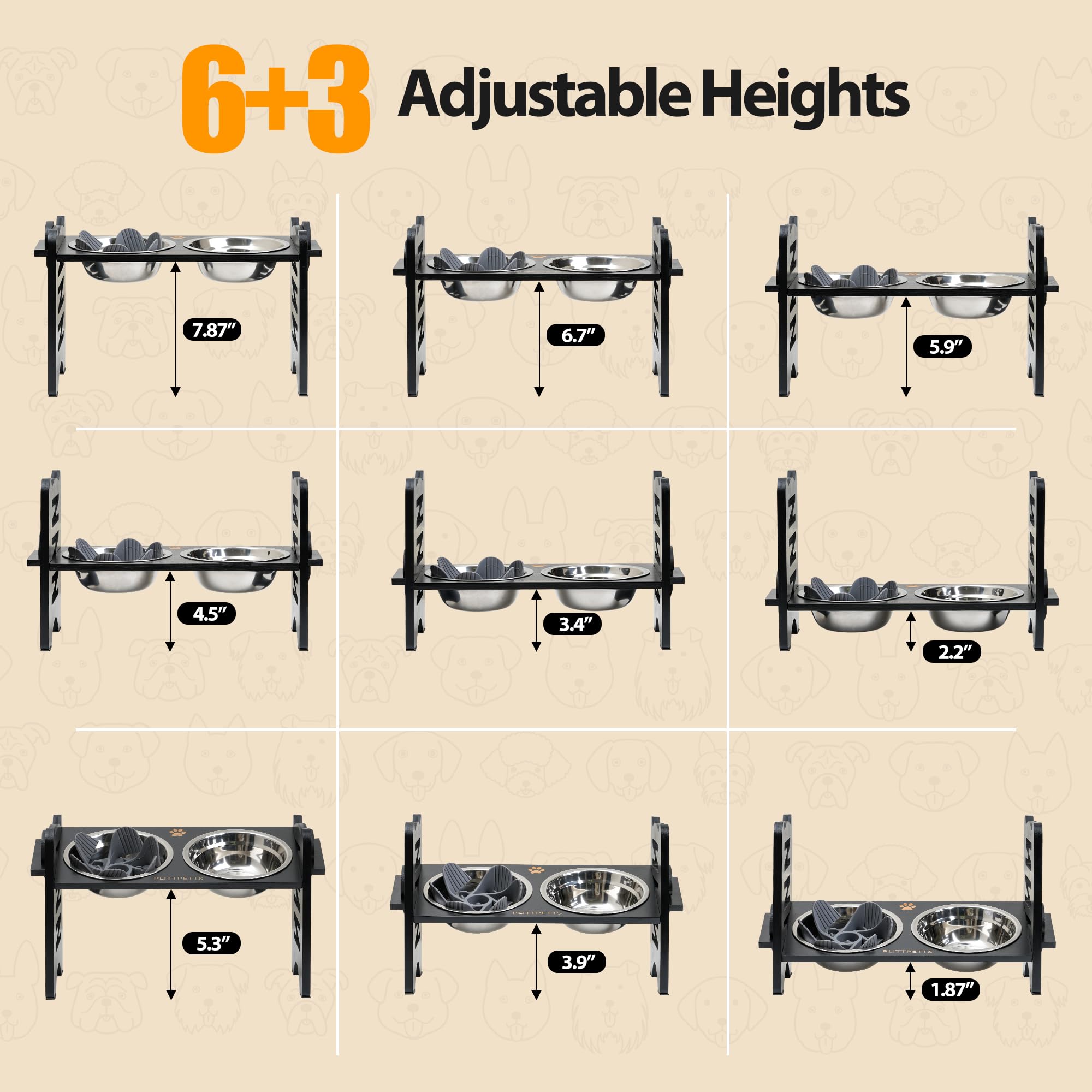 PLITTPETTS 9-height adjustable dog feeder highlights versatile height settings for growing pets.
