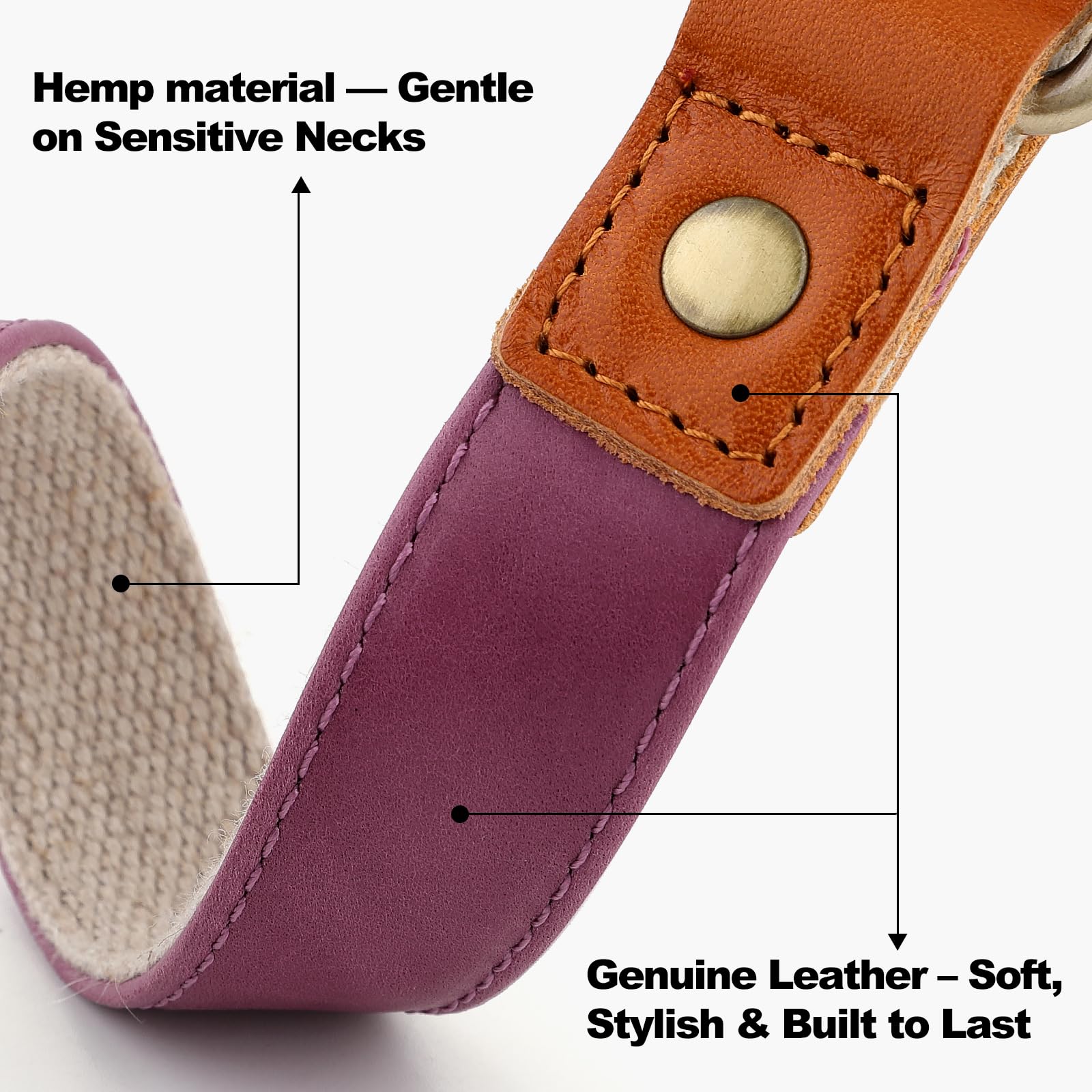 Plutus Pet collar leather hemp purple XS closeup stitching, designed for longevity.