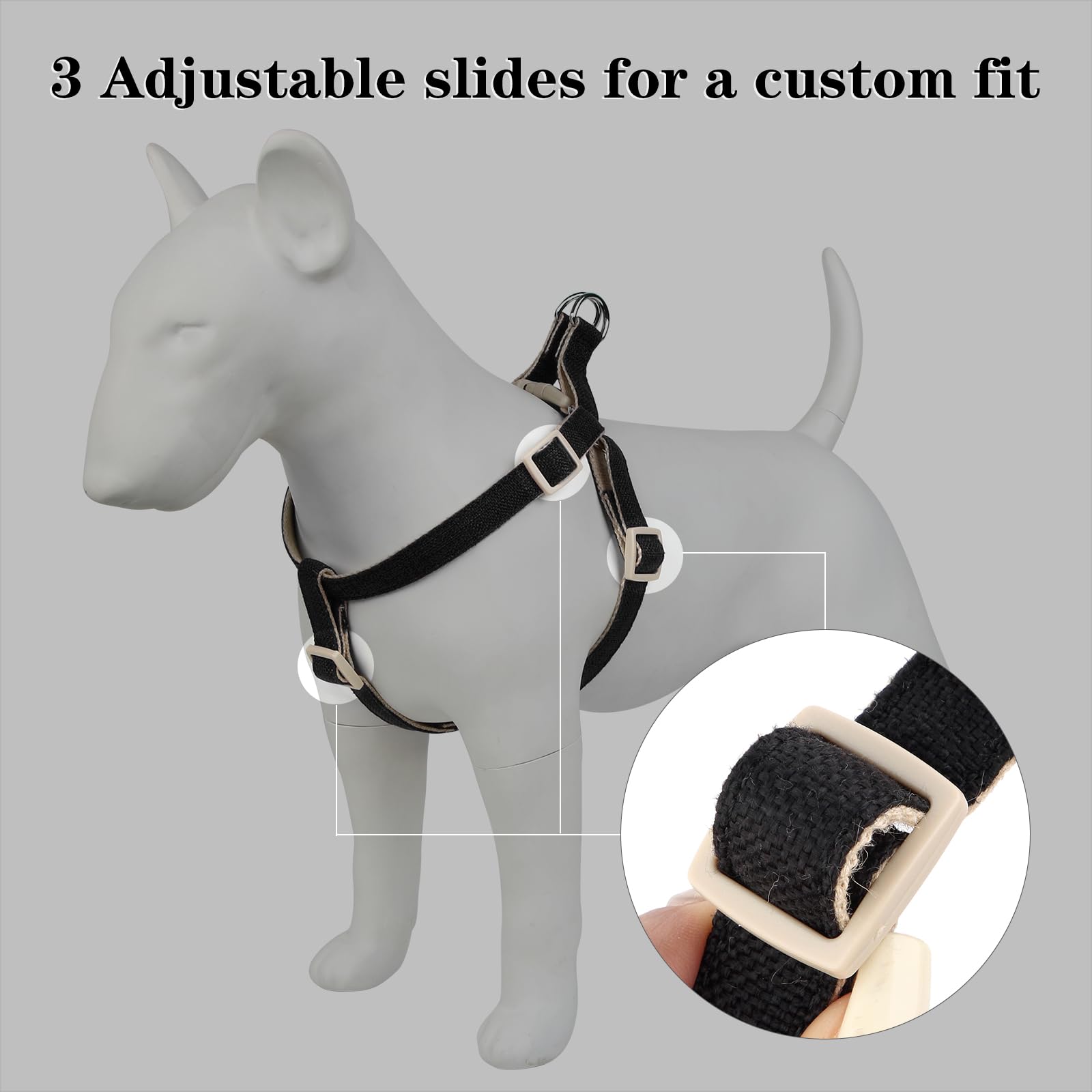 Plutus Pet Cotton Hemp Step-In Harness adjustable straps provide a custom, comfortable fit