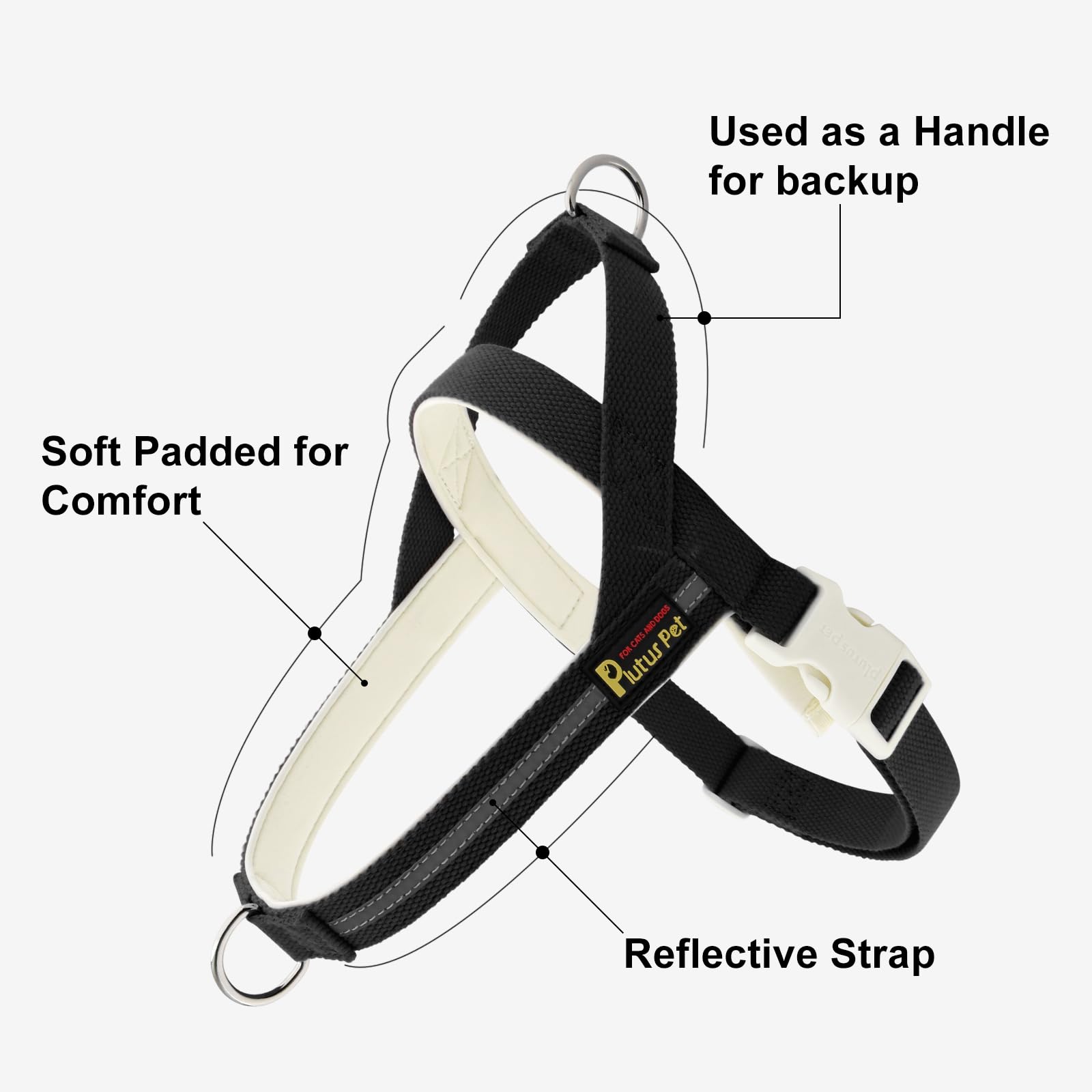 Plutus Pet harness front D-ring enables no-pull training and control.