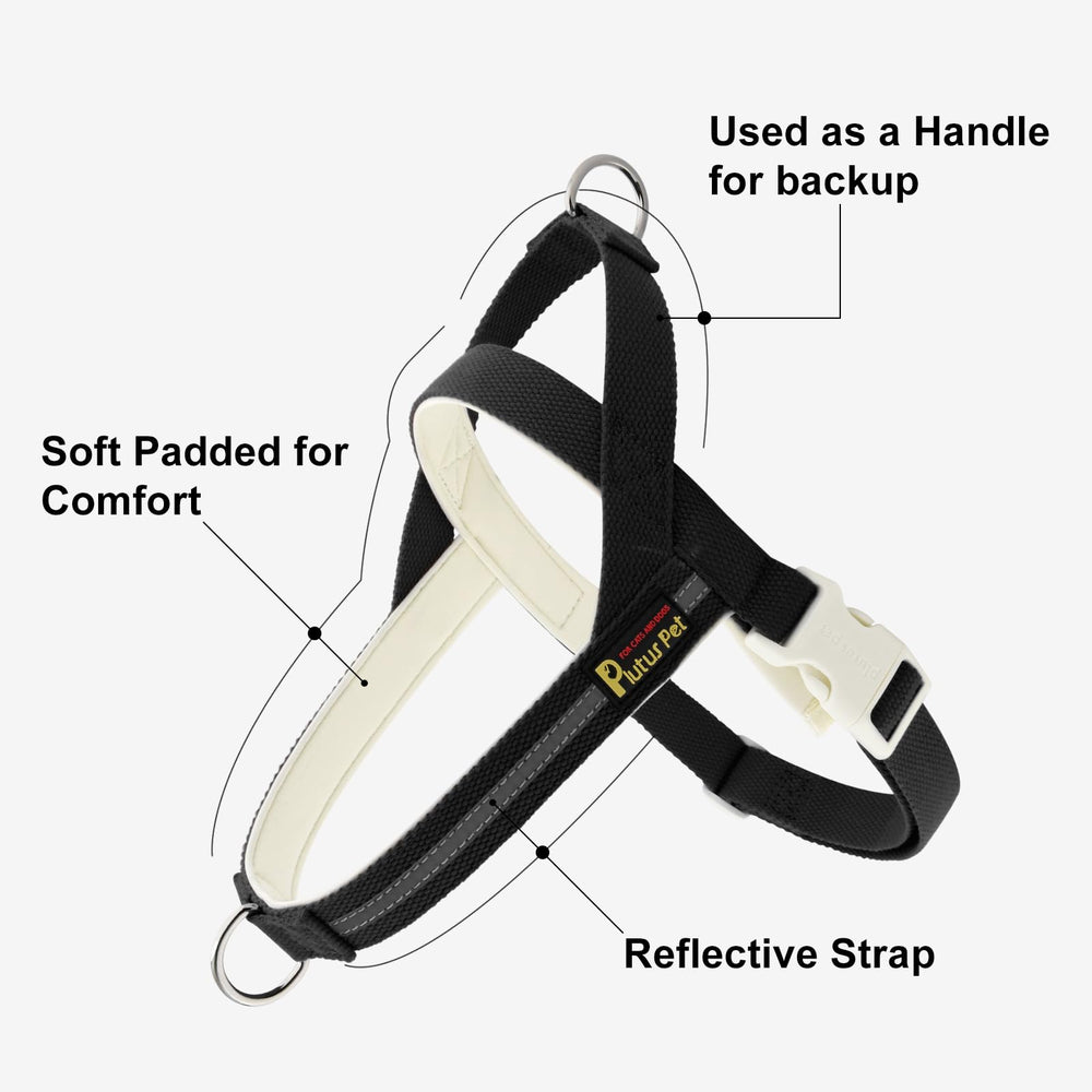 Plutus Pet harness front D-ring enables no-pull training and control.