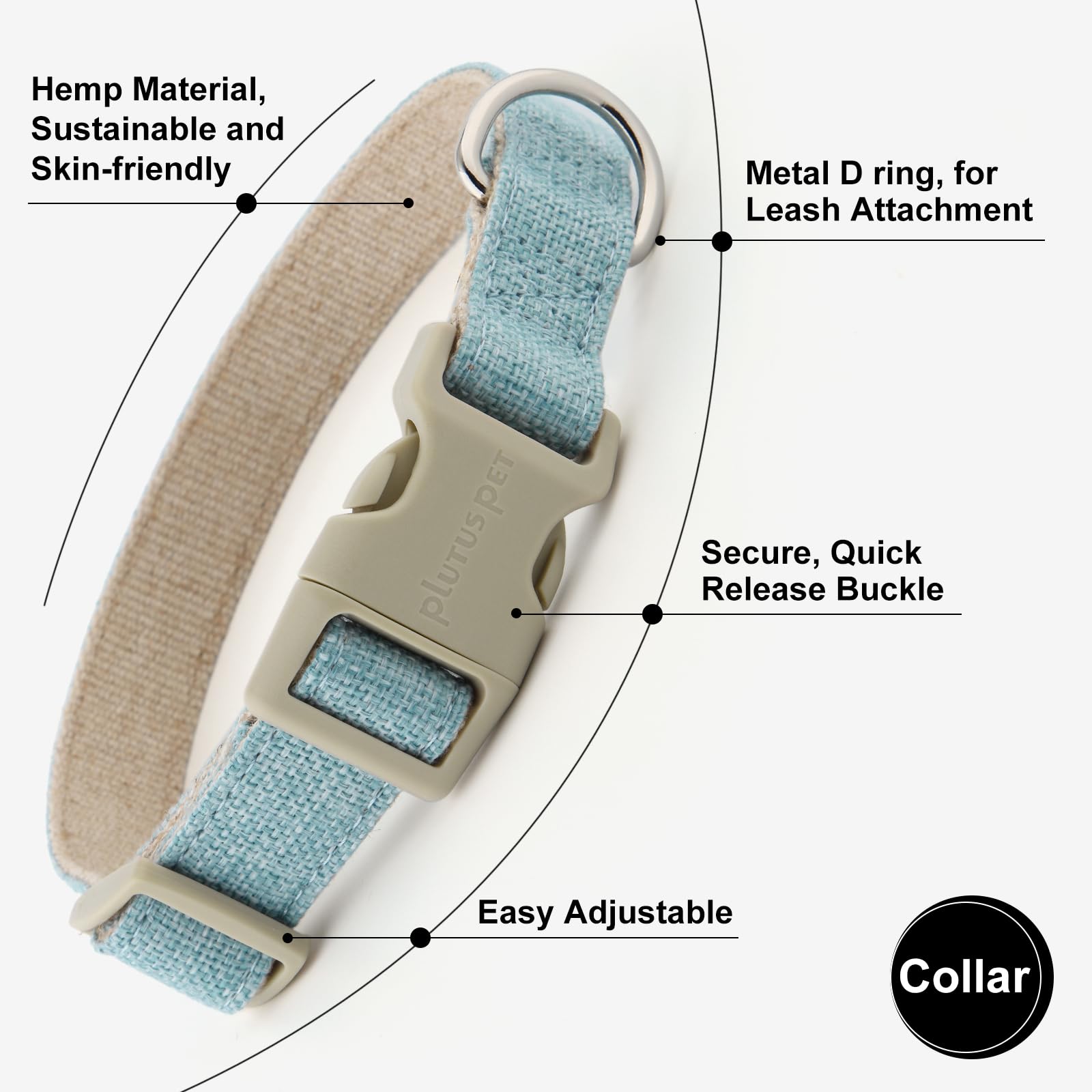 PLUTUS PET light blue dog collar closeup highlighting gentle on skin design