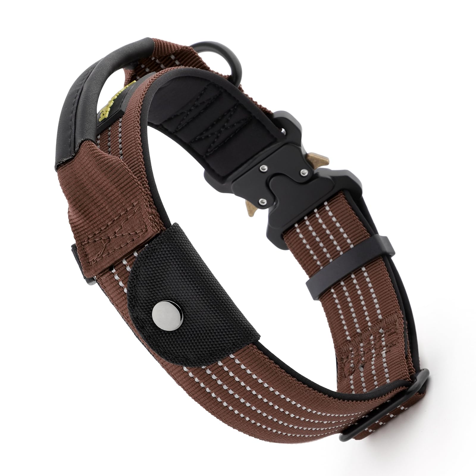 Plutus Pet tactical collar with AirTag pocket for quick locating during hikes.