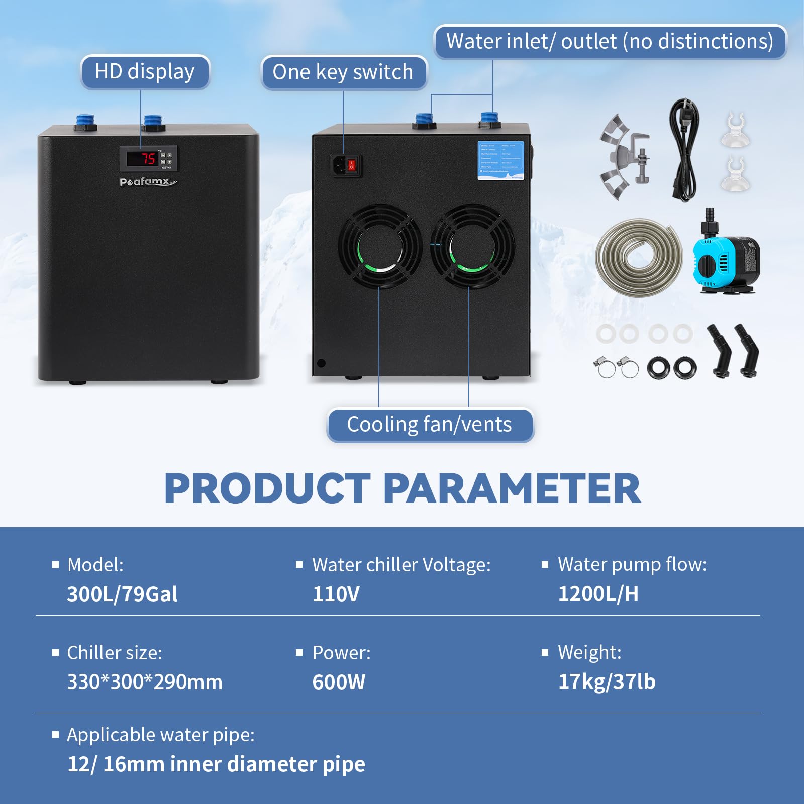Poafamx chiller setup for hydroponics shows reservoir temperature control