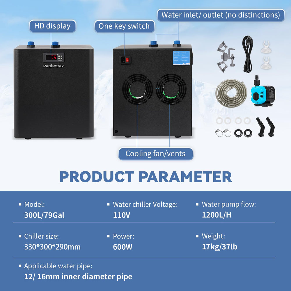 Poafamx chiller setup for hydroponics shows reservoir temperature control