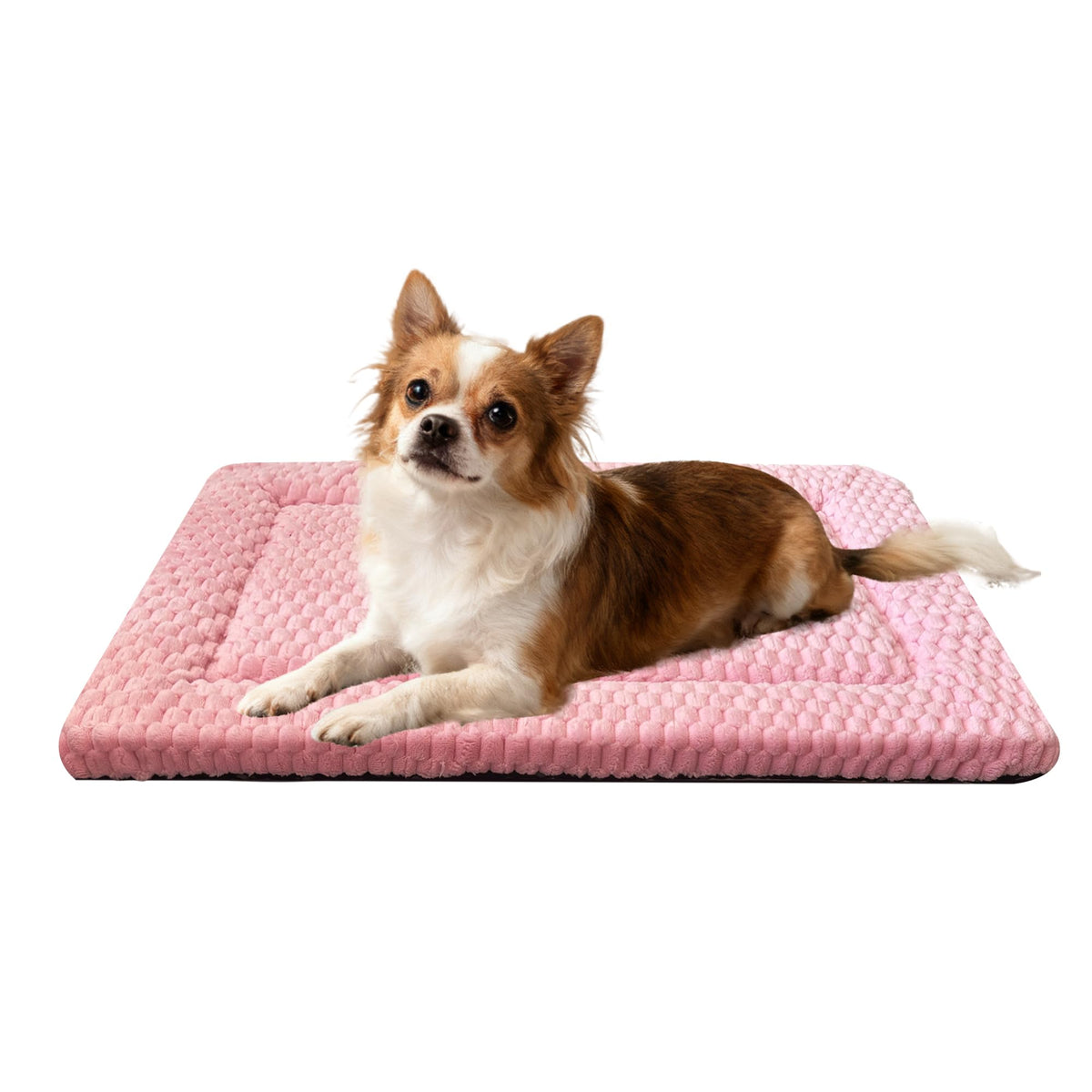 Pobopobo dog bed crate pad with soft plush pink for cozy crate lounging.