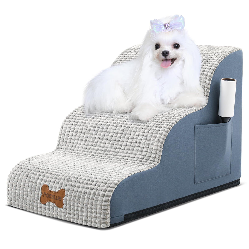 POCBLUE dog stairs 3-step grey easing small dogs onto sofas with stable grip.
