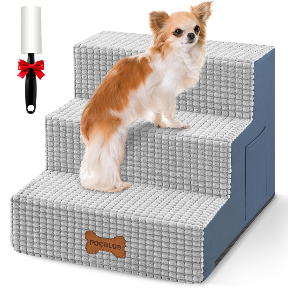 POCBLUE dog stairs 3Step grey side view showing stable indoor access for small pets