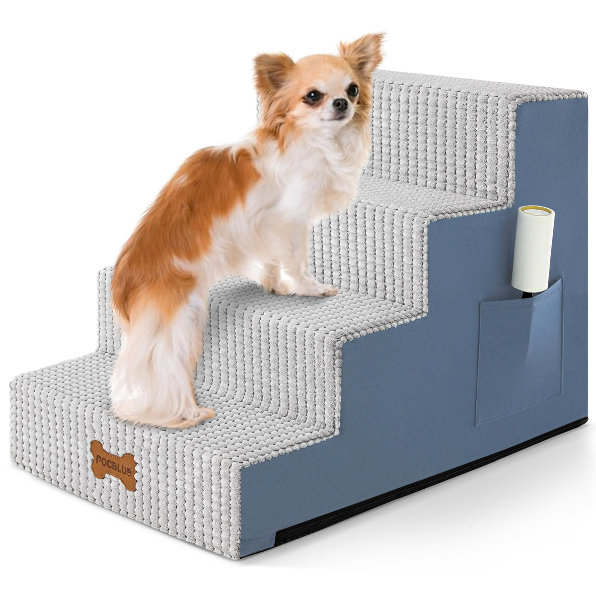 POCBLUE Dog Stairs 4-step grey by the bed helps small dogs reach higher surfaces safely