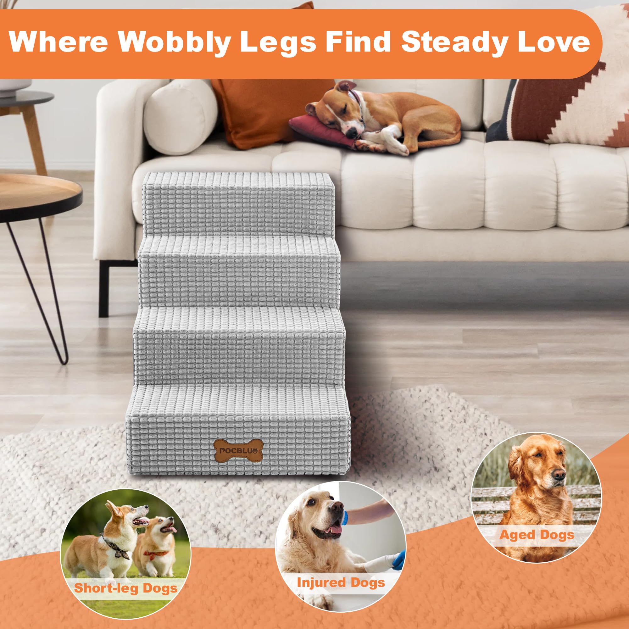 POCBLUE dog stairs non-slip base ensures secure placement on carpet