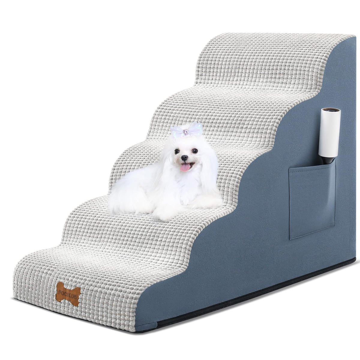 POCBLUE dog stairs with side pockets for storing treats and toys.