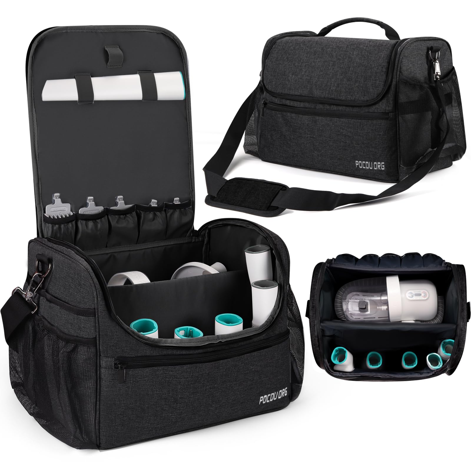 POCDUORG pet travel grooming organizer bag in black front view for easy on-the-go grooming